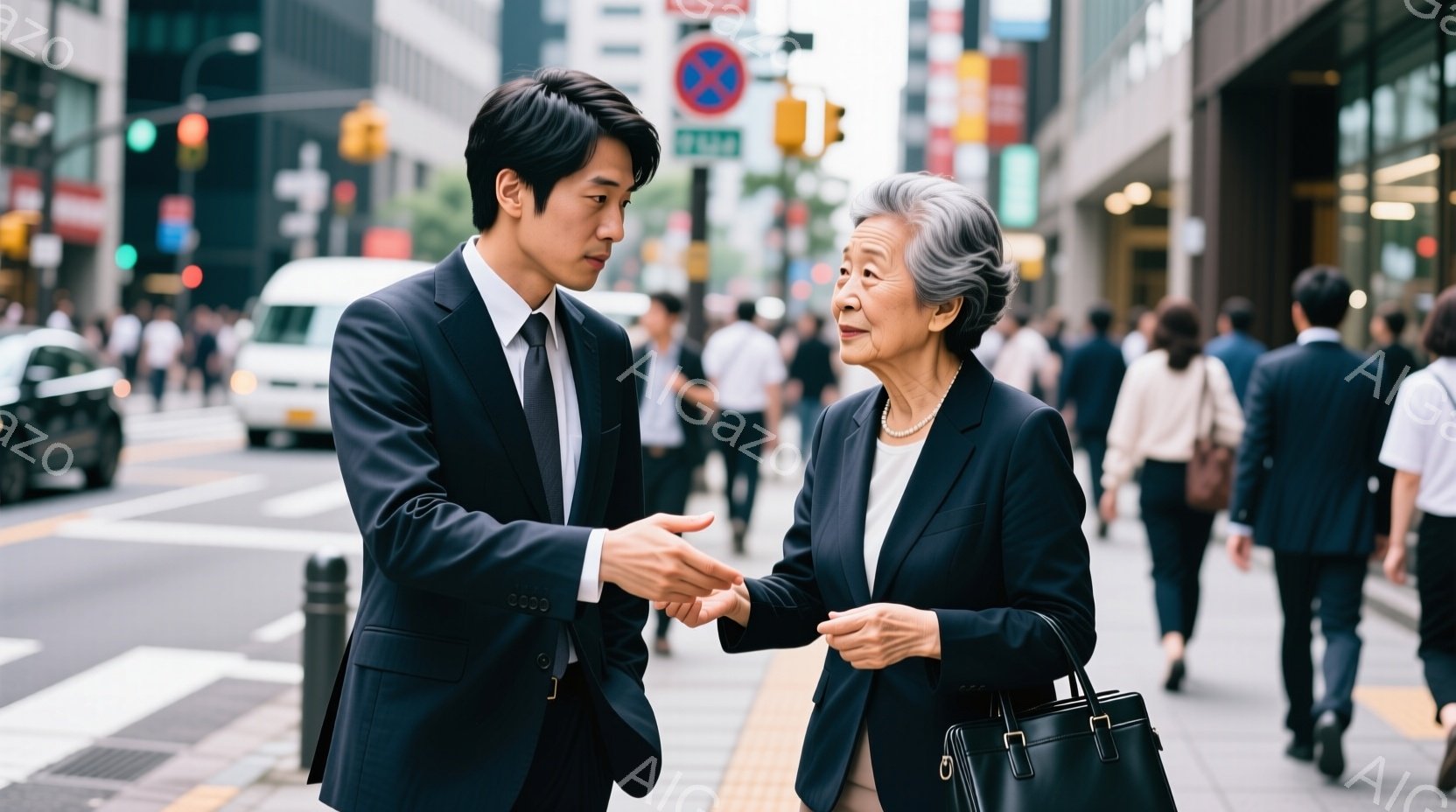 スーツを着た若い男性と、グレーの髪でスーツを着た年配の女性が、歩道で握手をしています。男性は少し前かがみになり、女性は穏やかな表情で握手に応じています。背景には、交通量の多い道路、横断歩道、高層ビルが見え、晴天で賑やかな都会の雰囲気です。
