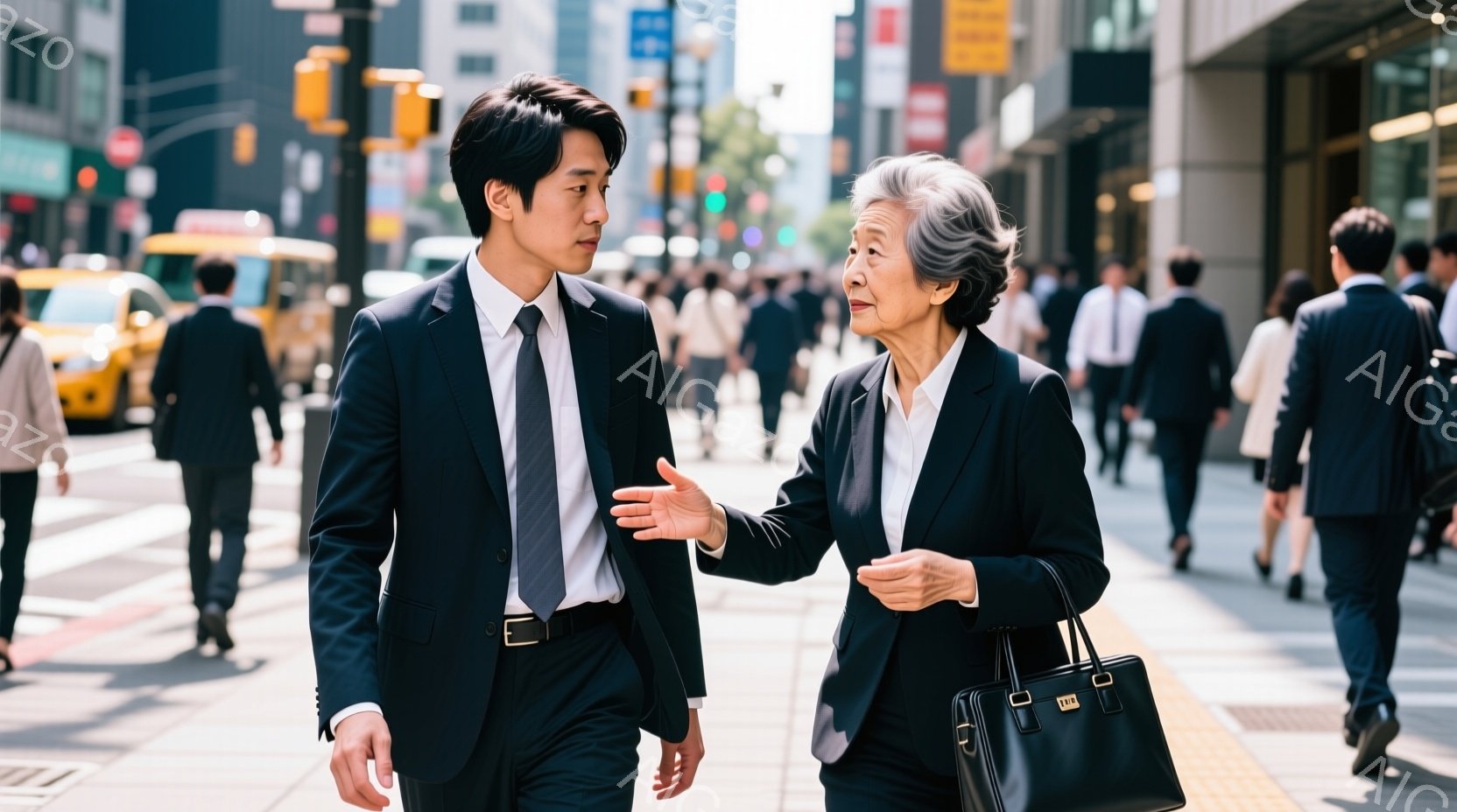 スーツ姿の若い男性と年配の女性が歩道で会話しています。男性は黒いスーツにネクタイ、女性は黒いスーツに白いブラウス、黒いハンドバッグを持っています。背景には高層ビル群と多くの歩行者が見え、晴天で賑やかな - AI生成フリー素材