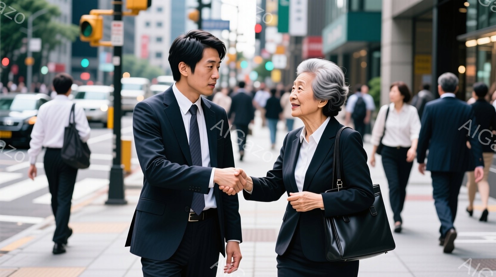 ビジネススーツを着た若い男性と年配の女性が握手をしています。女性は白髪で、微笑んでおり、男性は真剣な表情で握手に応じています。背景には、多くの歩行者と高層ビルが並び、晴天の下、都会の賑やかな雰囲気が漂っています。