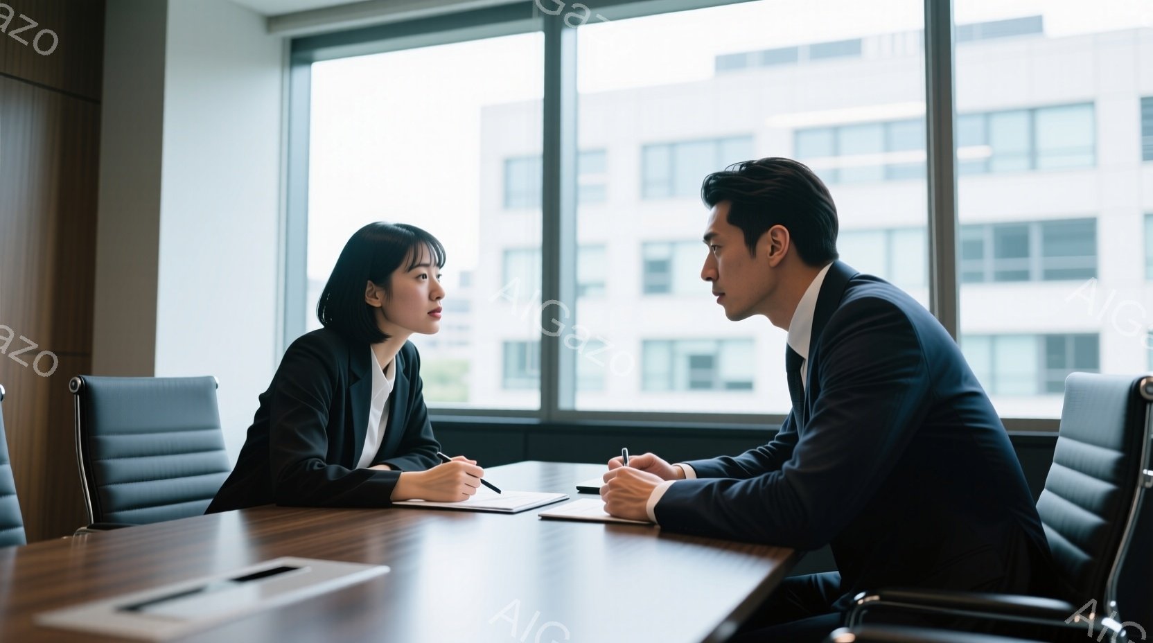 テーブルを挟んで向かい合って座る男女が写っている。女性は黒いジャケットと白いシャツを着ており、髪は後ろでまとめている。男性は紺色のスーツを着ており、テーブルに置かれたメモを見ながら、女性の方を見ている。