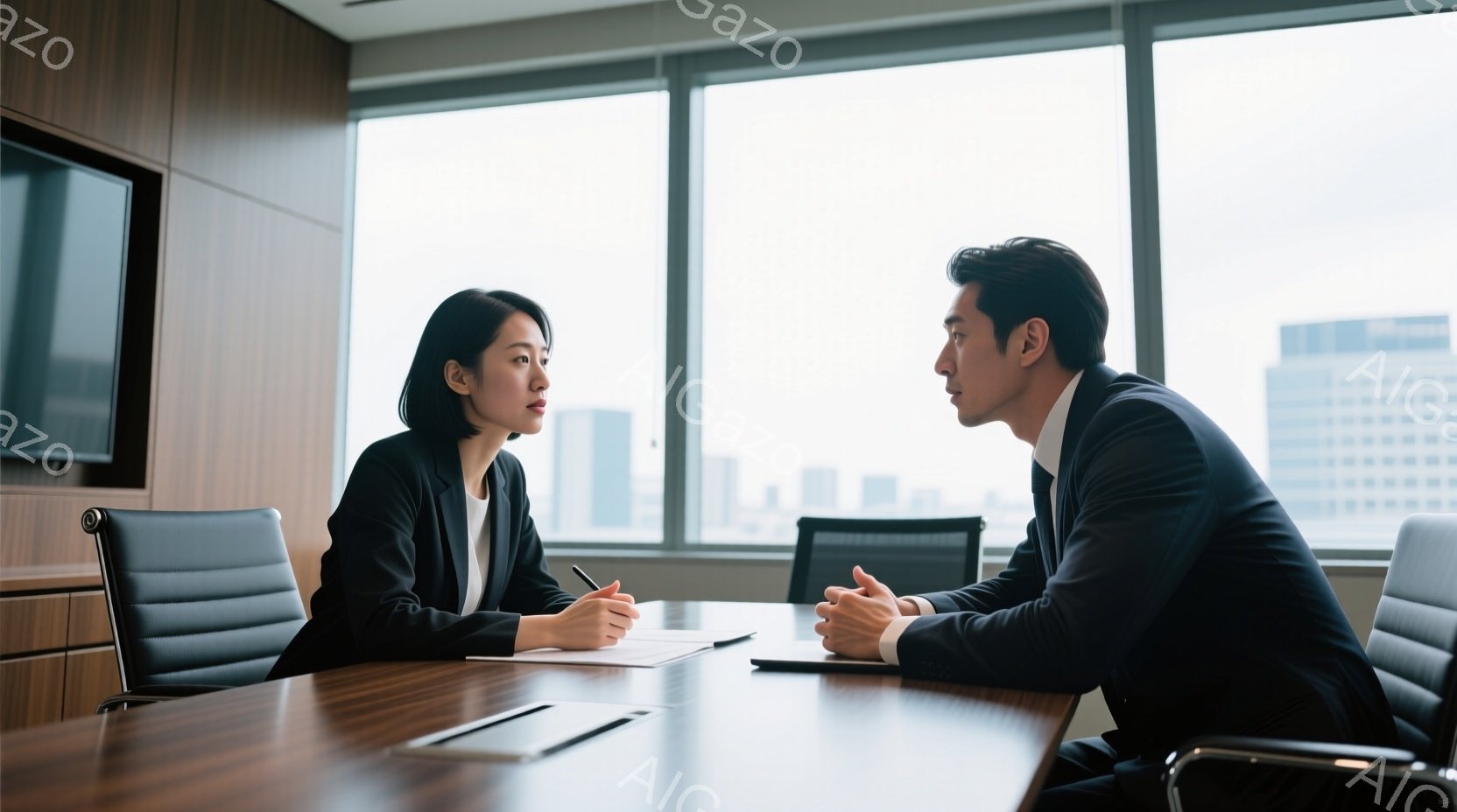 スーツを着た男性と女性が、木の質感を生かした会議室で向かい合って座っています。女性はペンを手に何かを書き込んでいるように見え、男性は手を組み、真剣な表情で女性を見つめています。背景には高層ビル群が広がり、曇り空が会議室の落ち着いた雰囲気を強調しています。