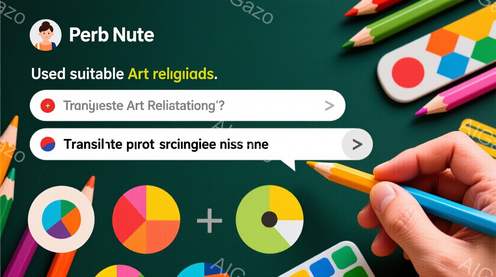 鮮やかな色の円盤が背景に並び、その上に色鉛筆が置かれている。片手に青と黄色の色鉛筆を持ち、円盤を指し示している様子が描かれている。全体的に創造的でカラフルな雰囲気で、アートやデザインに関連するイメージが感じられる。