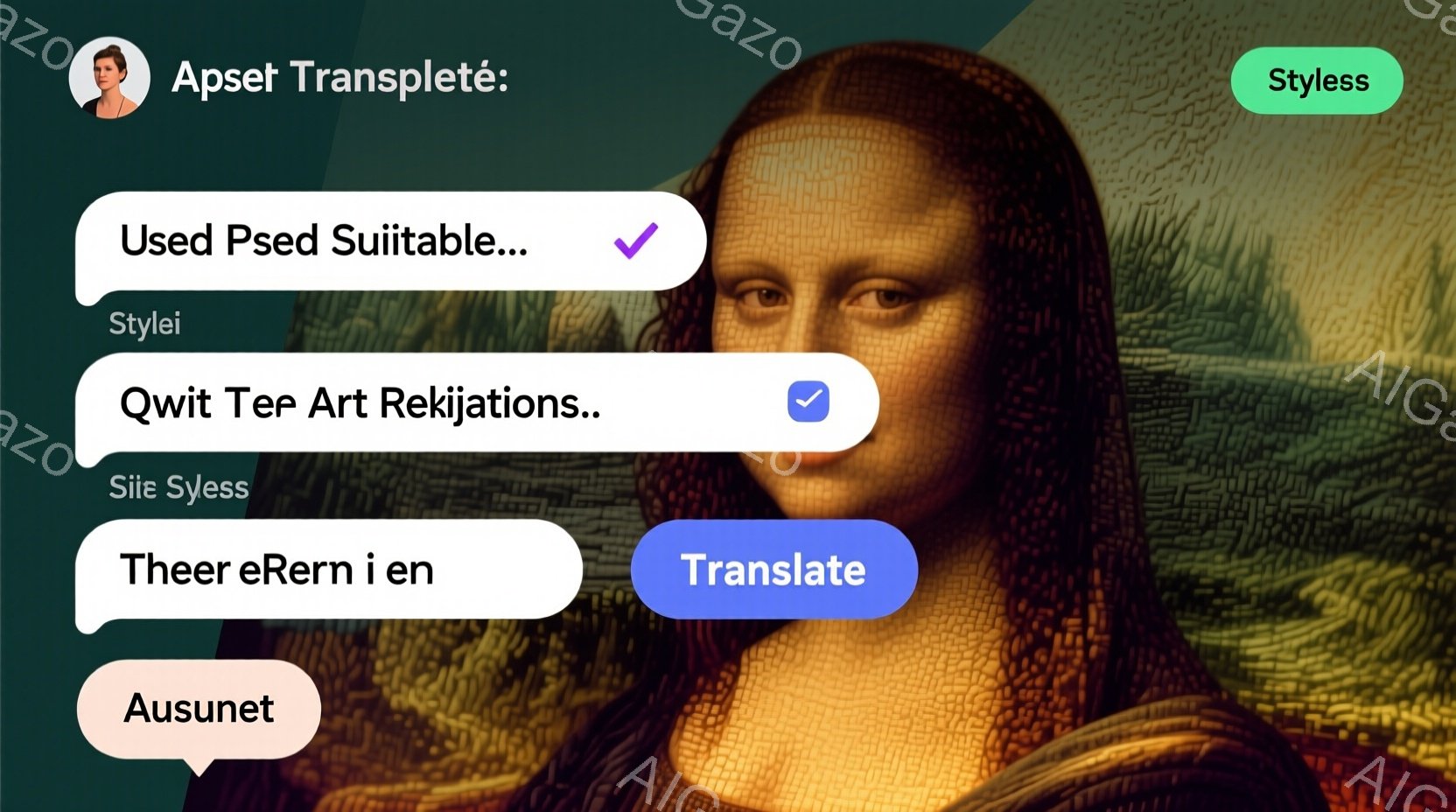 穏やかな微笑みを浮かべた女性が、暗い背景を背景に描かれています。彼女は茶色の髪を後ろにまとめ、暗緑色のドレスと、頭に黒いベールを被っています。背景はぼやけた風景で、遠くに山々や建物が見え、全体的に静かで神秘的な雰囲気を醸し出しています。