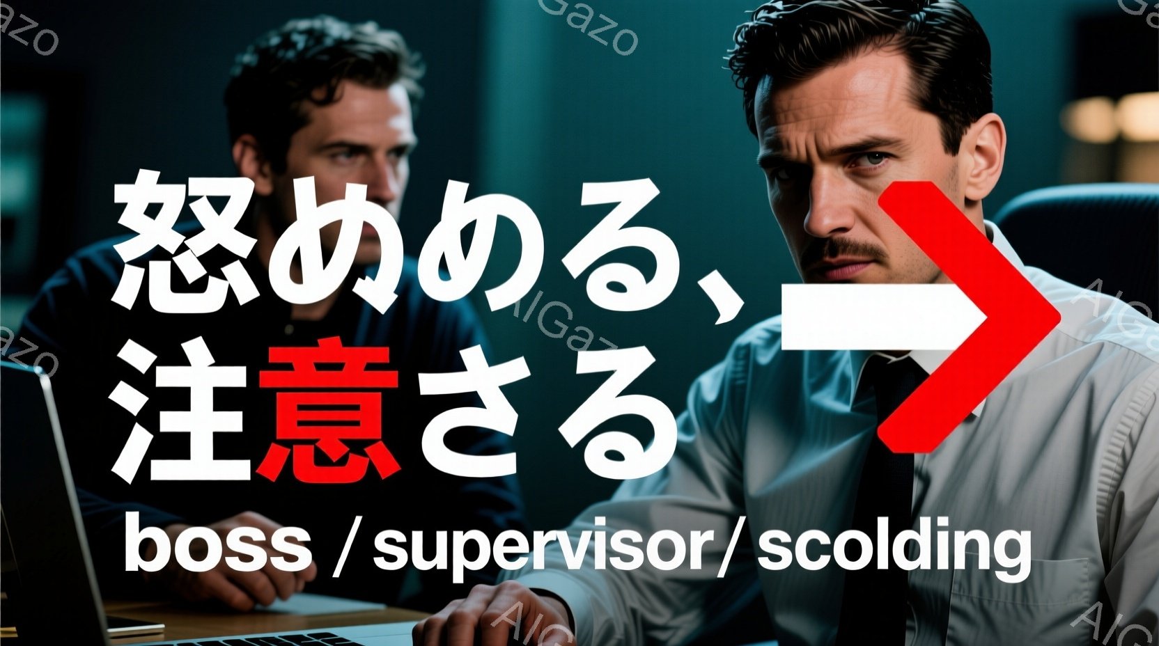 深刻な表情でノートパソコンを見下ろす男性が写っています。彼は白いシャツを着ており、短く整えられた黒髪が特徴です。背景は暗く、オフィス環境を示唆しており、男性は上司または管理職が部下を叱責するような緊張感のある雰囲気を作り出しています。