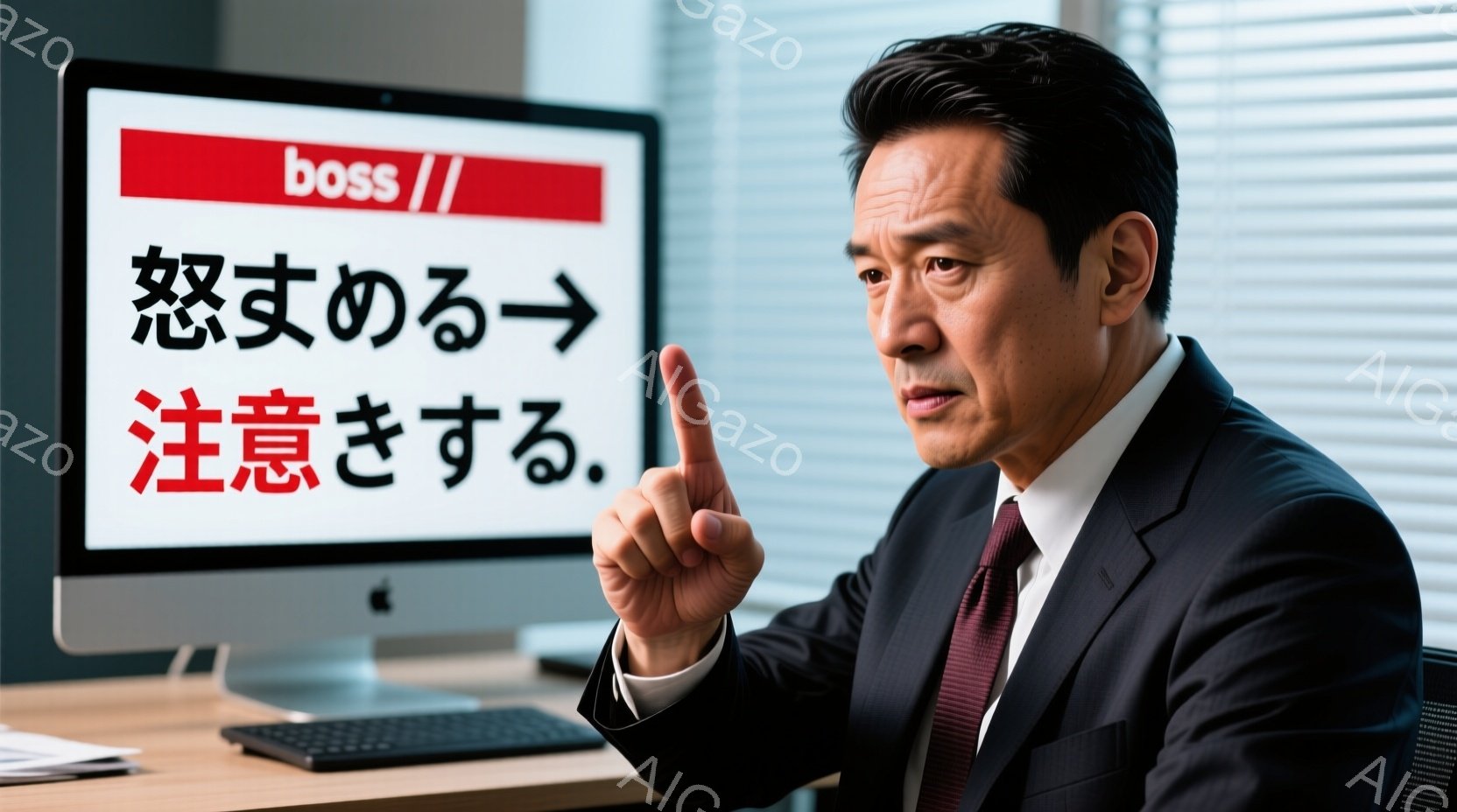 スーツとネクタイを着たアジア人男性が写っています。彼は少し眉をひそめ、片手を上げて何かを指し示しています。背景には、コンピュータの画面、キーボード、そしてぼやけたオフィスの環境が見え、全体的に真剣で権威のある雰囲気が漂っています。