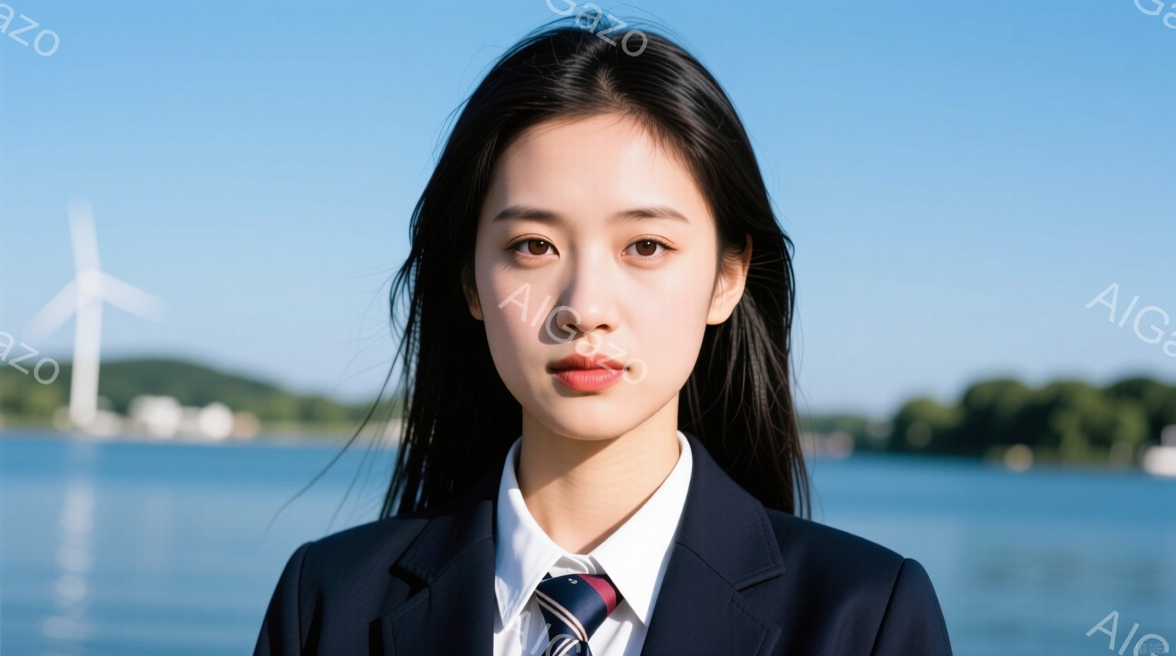 この女性は、紺色のブレザーに白いシャツとネクタイという制服姿で、まっすぐカメラを見つめています。 長い黒髪はストレートで、顔立ちは整っており、少し微笑んだような、落ち着いた表情をしています。 背景には - AI生成フリー素材