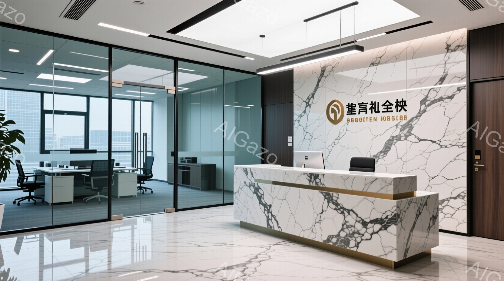 白を基調とした清潔感のある受付スペースで、大理石調の受付カウンターが印象的です。奥にはガラス張りのオフィス空間が広がり、整然と配置されたデスクと椅子が見えます。全体的にモダンで洗練された雰囲気で、ビジ - AI生成フリー素材