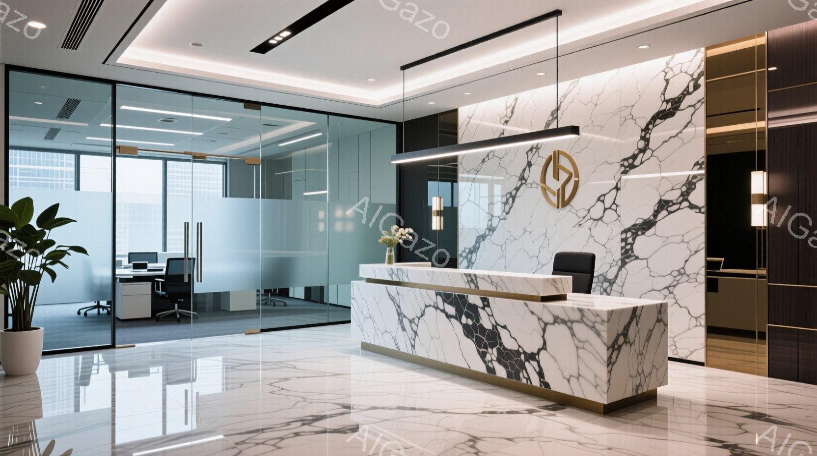 大理石の受付カウンターが印象的な、明るくモダンなオフィスのロビーです。ガラス張りの仕切りで区切られたオフィス空間が広がり、スタイリッシュな椅子とデスクが見えます。全体的に清潔感があり、高級感と洗練された雰囲気が漂っています。