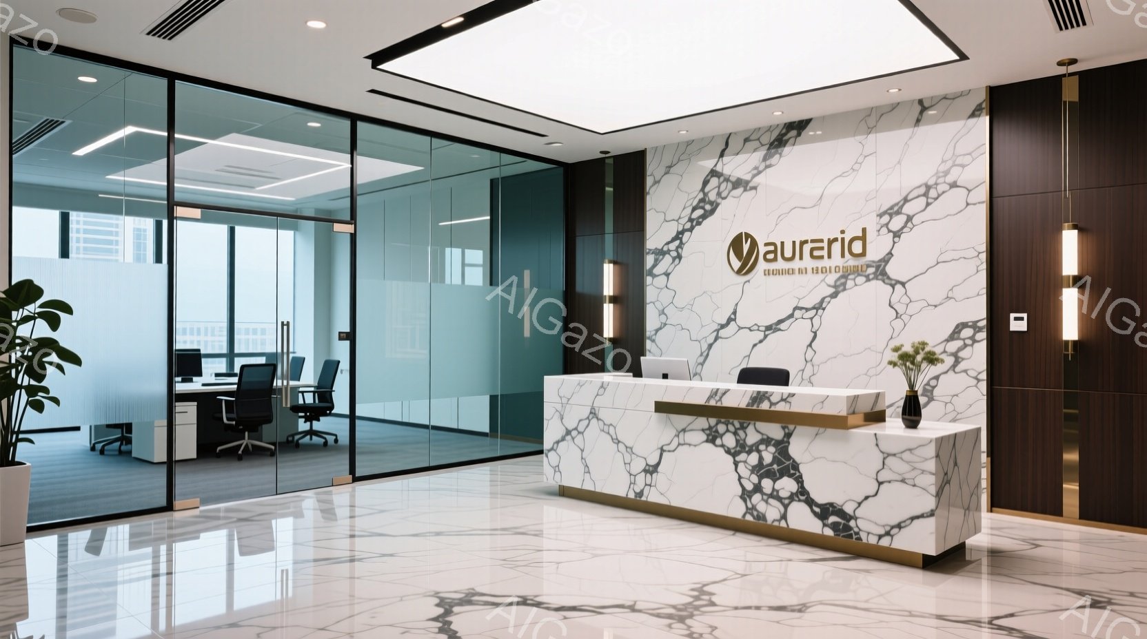 白を基調とした受付カウンターが印象的な空間です。大理石調の壁と床が高級感を演出し、奥にはガラス張りのオフィス空間が広がっています。全体的に清潔感があり、モダンで落ち着いた雰囲気です。 - AI生成フリー素材