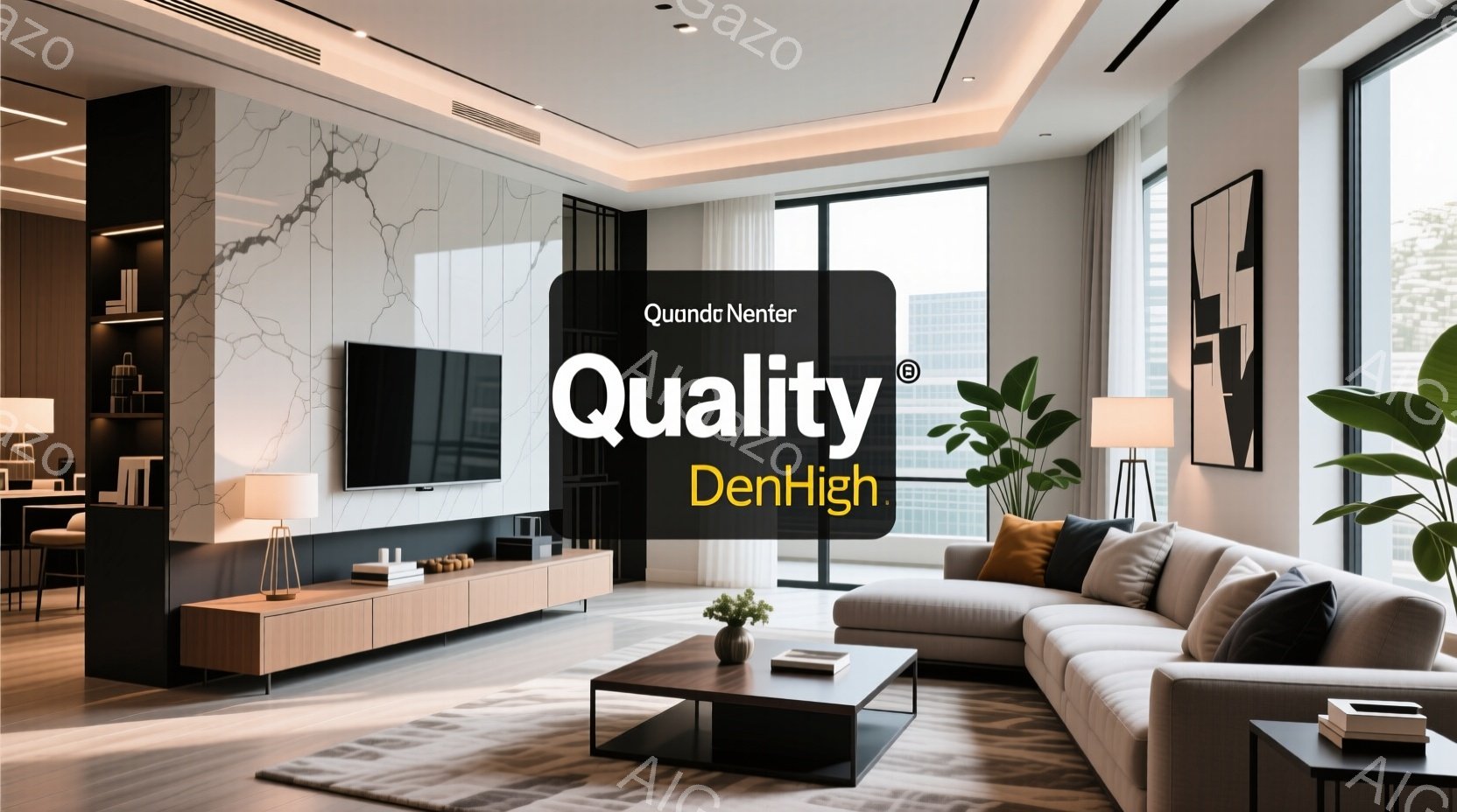 明るいリビングルームには、白い壁、木製の床、そして大きな窓があります。グレーのソファと木製のテレビ台が配置され、モダンで洗練された雰囲気を醸し出しています。植物やアート作品がアクセントとして飾られ、リ - AI生成フリー素材