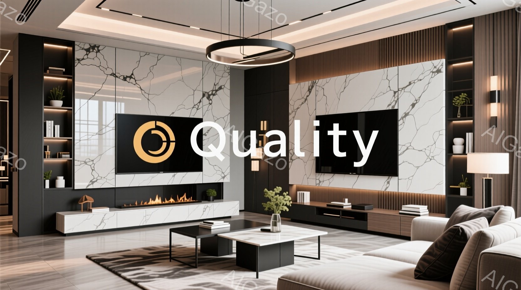 リビングルームは、白とグレーを基調としたモダンなデザインで、壁一面に広がる大理石調のタイルが特徴的です。センターには薄型のテレビが設置され、下には炎を模した電気暖炉が配置されています。床にはグレーのラ - AI生成フリー素材