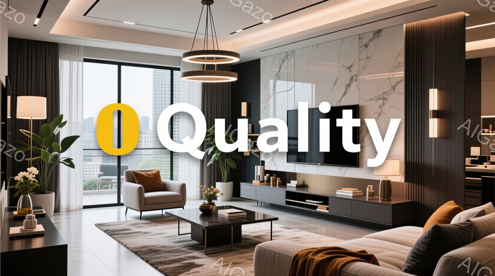 広いリビングルームは、都会的な雰囲気を醸し出しています。大きな窓からは高層ビル群が見え、自然光が室内に差し込みます。グレーと白を基調としたモダンなインテリアに、アクセントとしてオレンジ色のクッションや - AI生成フリー素材