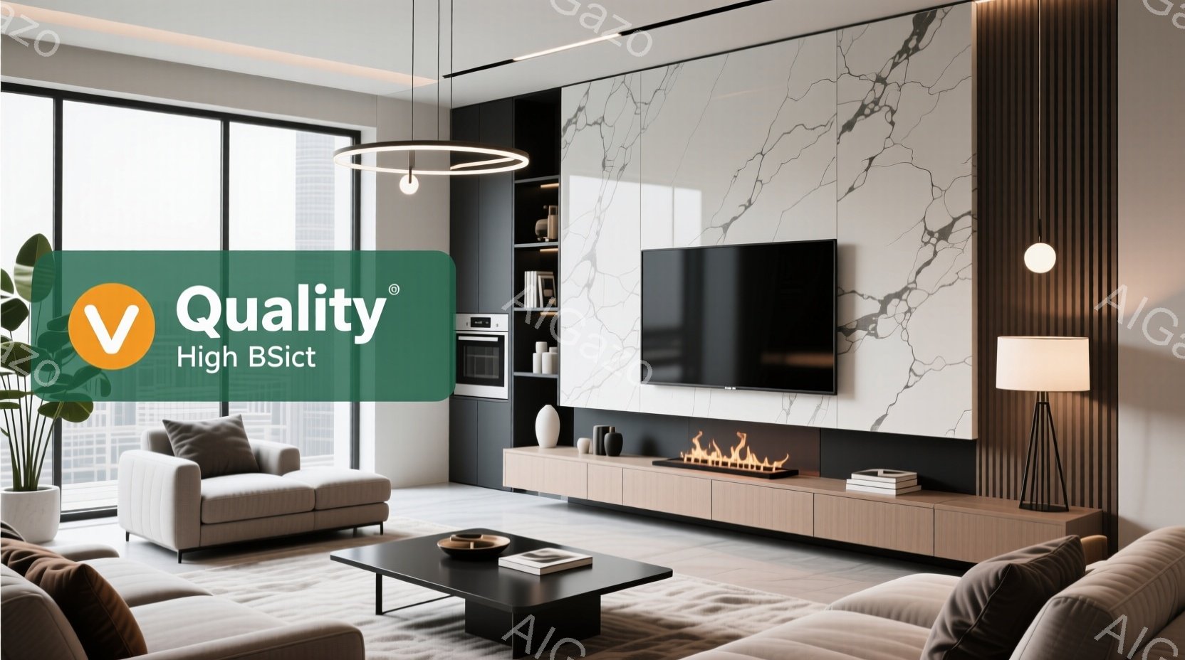 白を基調としたモダンなリビングルームで、グレーのソファと木製のローテーブルが配置されています。壁には白い大理石調のパネルと木製のアクセントが施され、薄型テレビと暖炉が組み込まれたローボードが設置されて - AI生成フリー素材