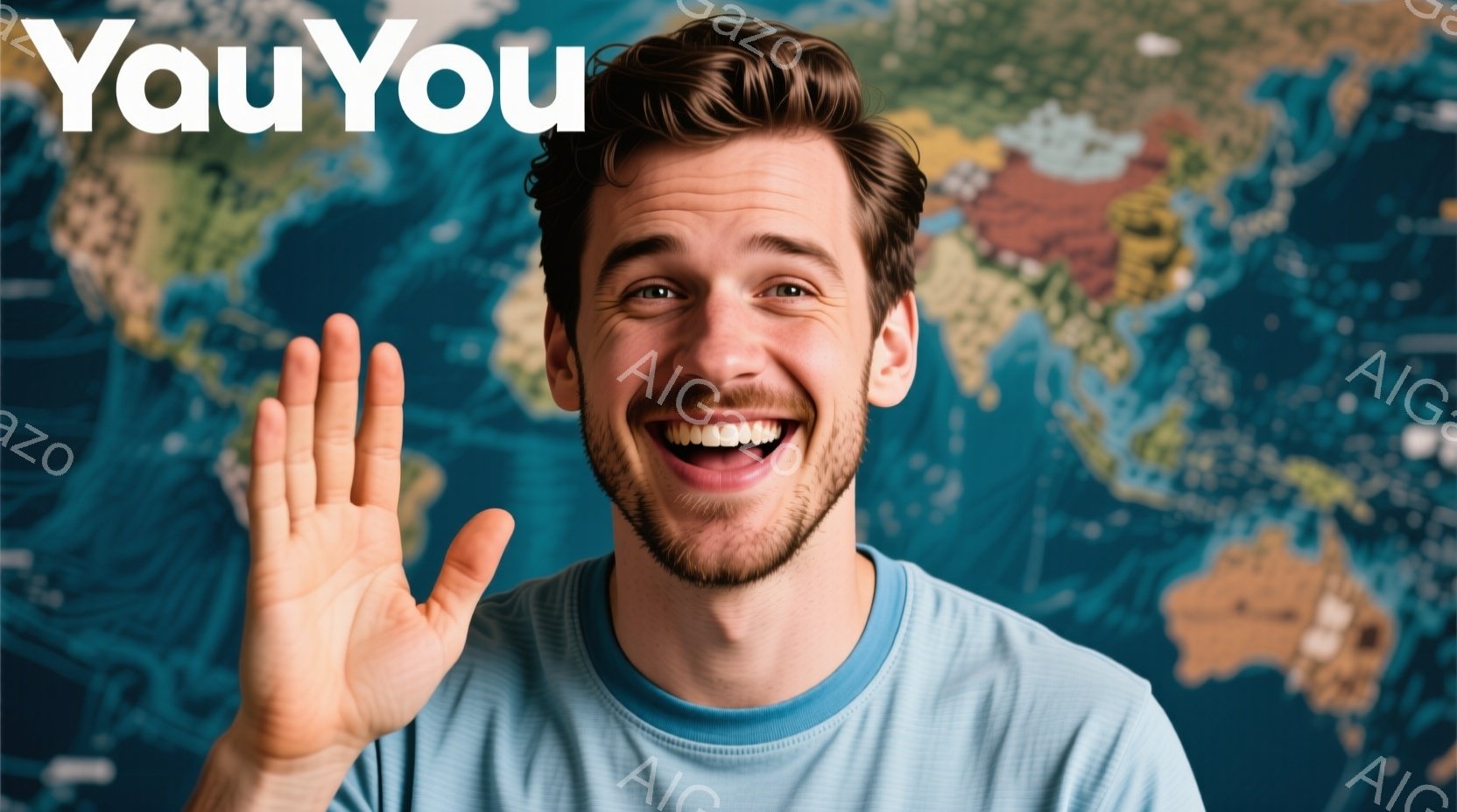 彼は青いTシャツを着ており、口ひげと短い茶色の髪が特徴的です。笑顔で手を振り上げており、明るく親しみやすい印象を与えます。背景には世界地図がぼやけており、世界旅行や国際的なつながりを連想させます。