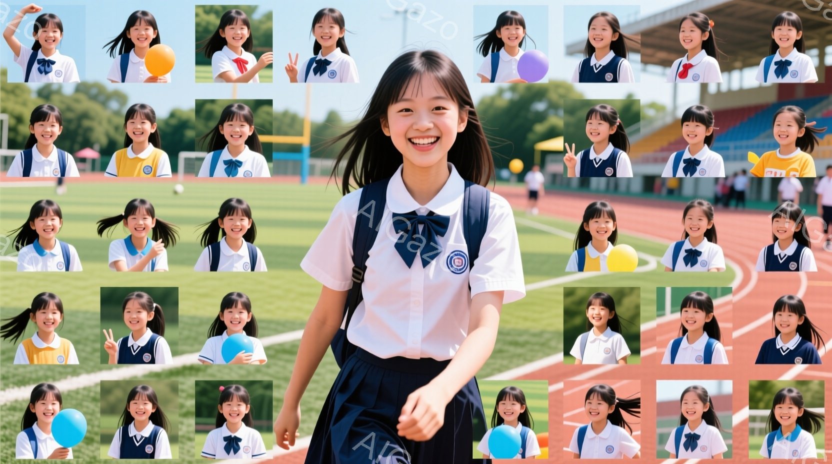 制服を着た若い女性のさまざまなポートレートで構成されたコラージュです。彼女は白いシャツと紺色のスカート、リボンネクタイをつけており、明るい笑顔でポーズをとっています。背景には、トラック、観客席、木々が見え、晴れた日の屋外で撮影されたことを示唆しています。