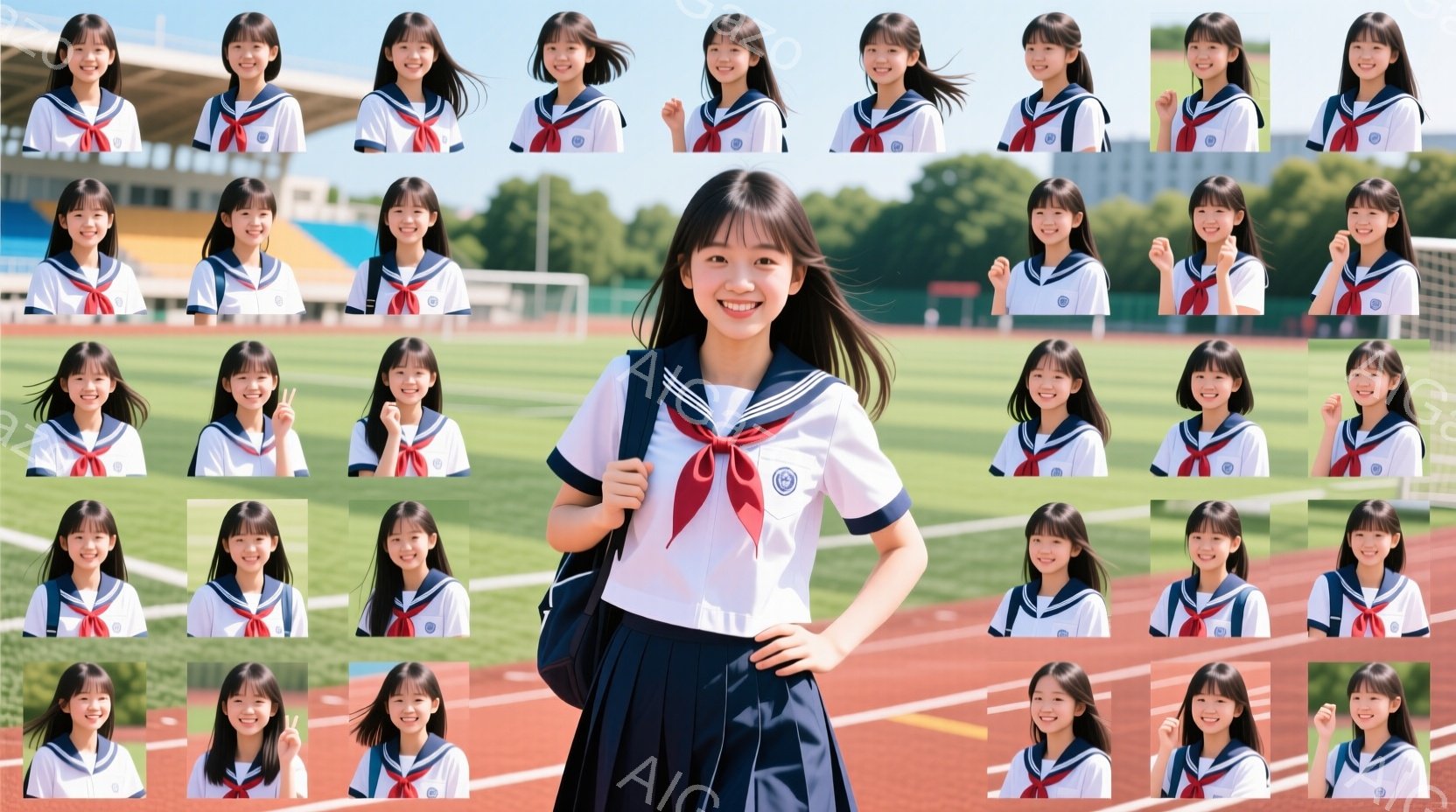 制服を着た若い女性が複数、様々なポーズで写っています。彼女は紺色のブレザー、白いシャツ、チェックのスカートを着用しており、赤いネクタイが印象的です。背景は屋外のトラック競技場であり、晴天の下、明るく元気な雰囲気が漂っています。