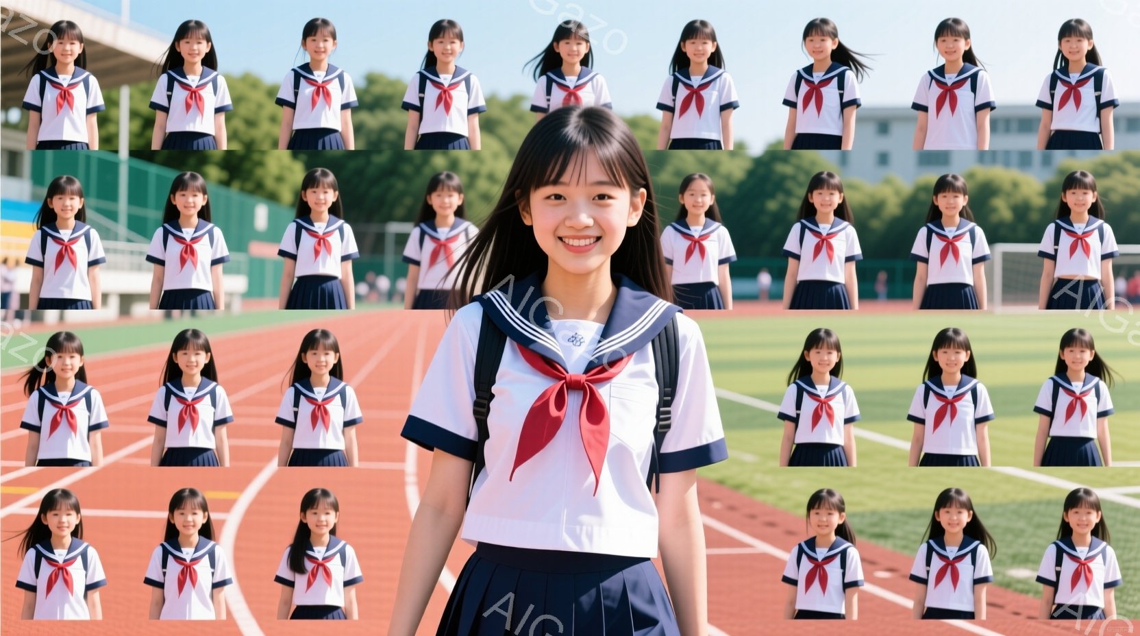 同じ少女が様々なポーズで写っているコラージュ画像です。少女は制服を着ており、明るい笑顔を浮かべています。背景はトラック競技場と観客席で、晴れた日の屋外で撮影されたようです。
