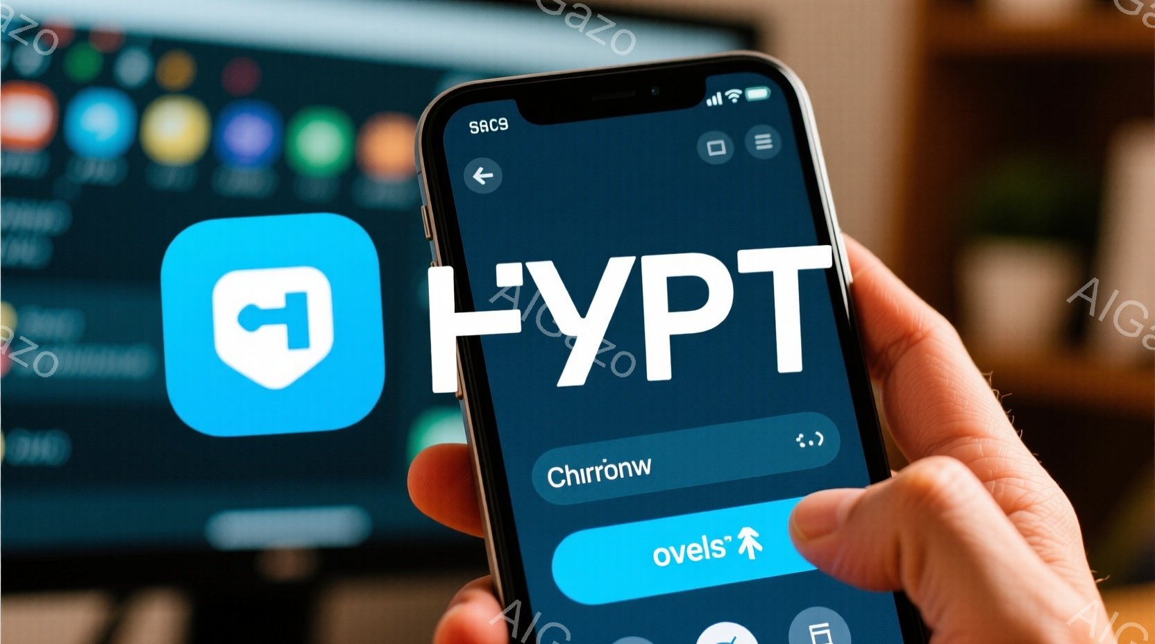 スマートフォンの画面が手で握られており、画面には青い背景に白い盾のアイコンと「HYPT」という文字が表示されています。背景にはぼやけたパソコンのモニターと、暖色系の室内空間が見えます。 全体的に、テクノロジーと日常生活が融合した現代的な雰囲気です。