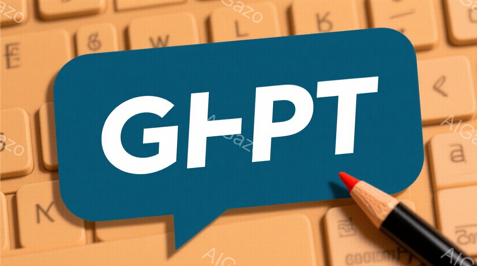 画像はキーボードの上に置かれた青い吹き出しが特徴的で、吹き出しの中には白い大文字で「GPT」と書かれています。背景はキーボードのキーが並び、画面全体がテクノロジーやコミュニケーションを想起させる雰囲気を醸し出しています。赤色のペンシルが右下にわずかに写っています。