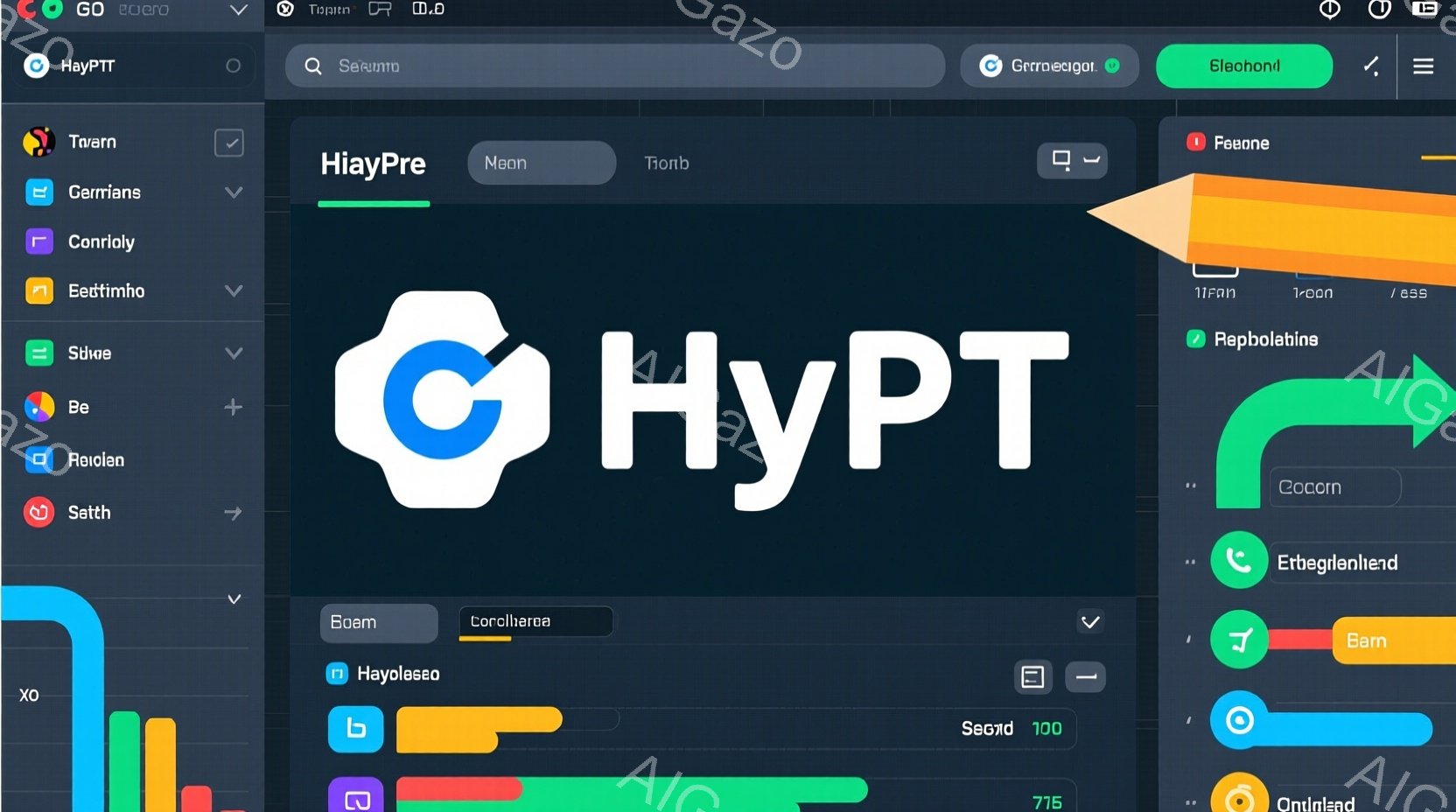 画面は、鮮やかな青、緑、オレンジ色のインターフェースで構成されたデジタルデザインです。左側には、さまざまなアイコンとテキストラベルが縦に並んでおり、右側には大きな「HypT」という文字が中央に大きく表示されています。全体的にモダンで洗練された印象を与え、ソフトウェアやアプリケーションのインターフェースデザインである可能性が高いです。