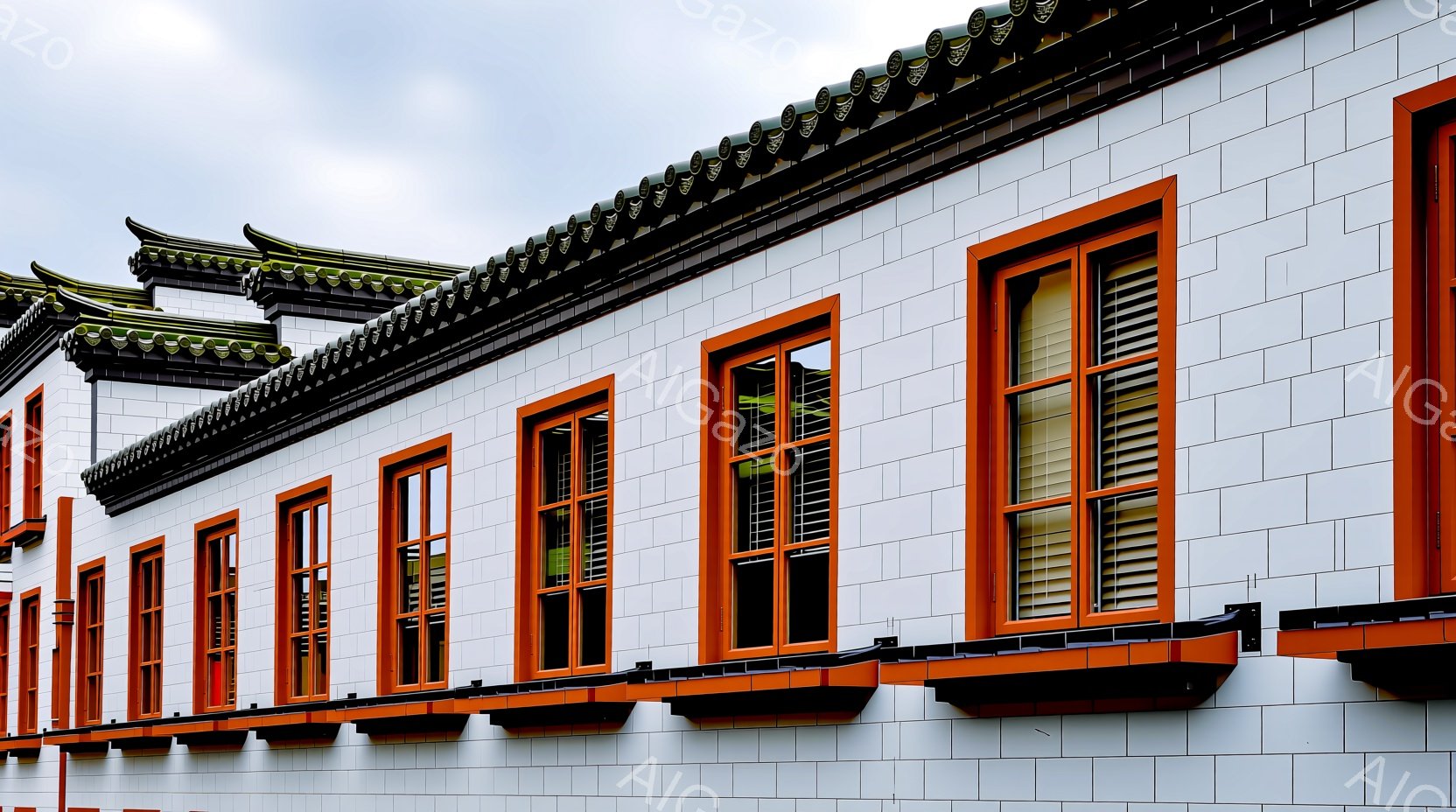 白い壁面にオレンジ色の窓枠が並ぶ建物の一部が写っている。屋根は黒い瓦で覆われ、全体的にモダンで幾何学的なデザインが特徴的である。空は曇っており、建物は落ち着いた雰囲気を醸し出している。