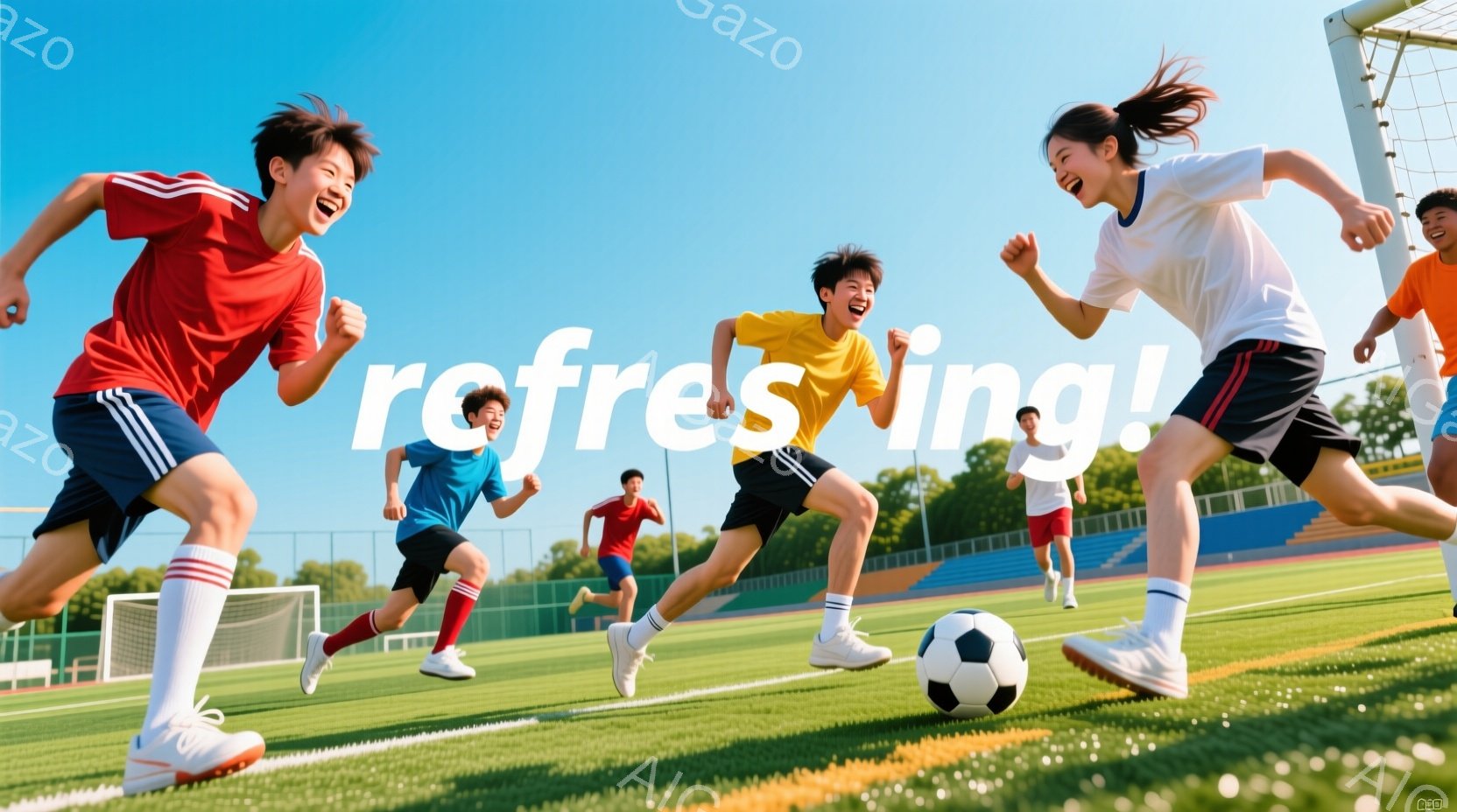 サッカーの試合中の若い人々の様子が写っている。赤いユニフォームの男性、青いユニフォームの女性、そして他の複数の選手が緑の芝生の上を走っている。背景には観客席と青い空が広がり、明るく活気のある雰囲気を醸し出している。