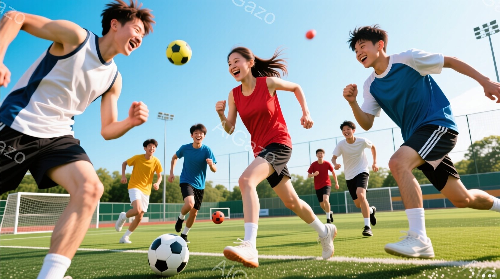 複数の若い男女がサッカー場を走り、楽しんでいる様子が写っている。赤いシャツの女性は笑顔で先頭を走り、青いシャツの男性が両脇を走っている。背景にはサッカーゴールや緑豊かな芝生、そして晴れた青空が見え、全体的に活気があり、エネルギッシュな雰囲気が漂っている。