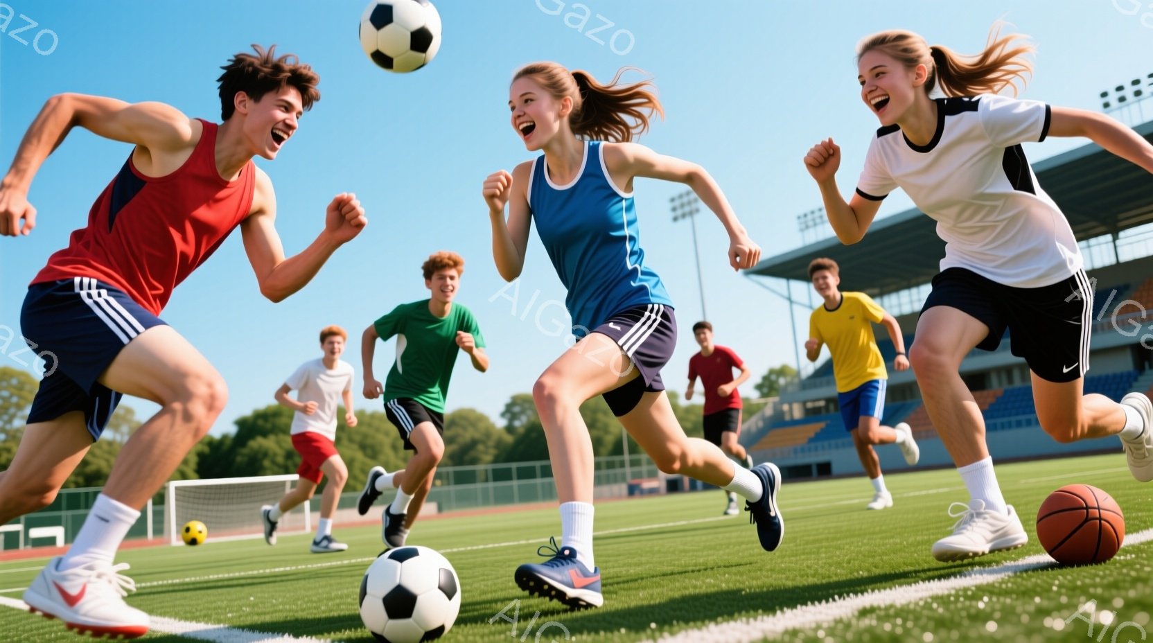 複数の若いアスリートが、緑色の芝生のある競技場で走っている様子が写っている。彼らはそれぞれ異なる色のスポーツウェアを着ており、表情は活気に満ちており、楽しんでいるようだ。背景には観客席と木々が見え、晴れた空の下、エネルギッシュで明るい雰囲気が漂っている。