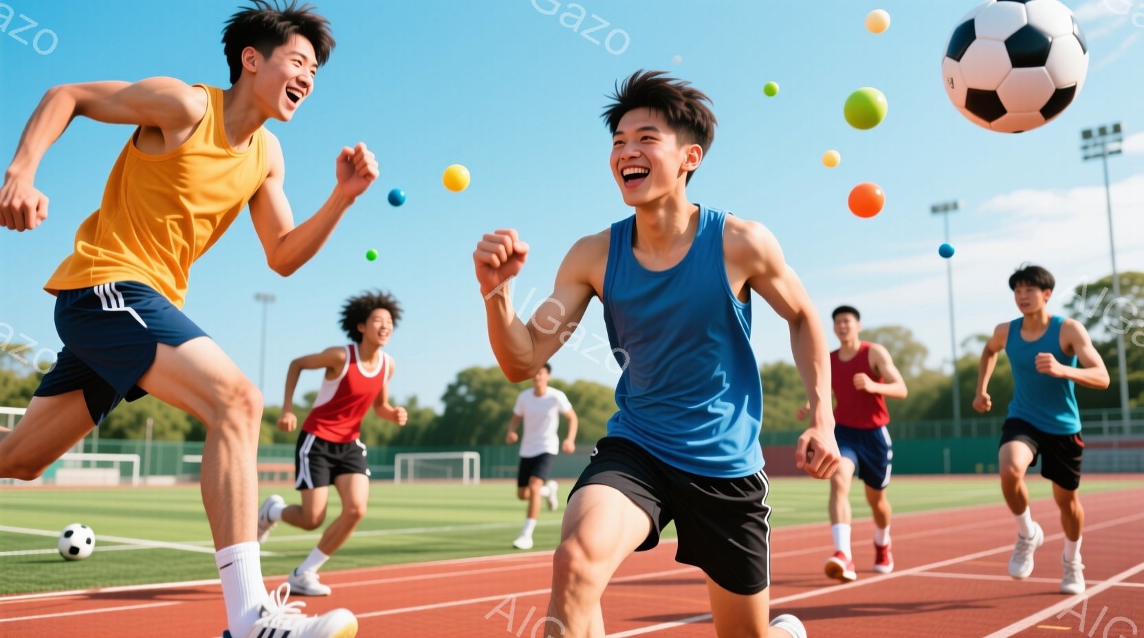 陸上競技場で複数の若い男性が走っている様子が写っている。彼らは明るい色のタンクトップと短パンを着用し、それぞれ異なる表情で競争を楽しんでいるようだ。背景には緑豊かな木々と青い空、そして陸上競技場のトラックとゴールが見え、晴れた日の活気あるスポーツシーンを捉えている。