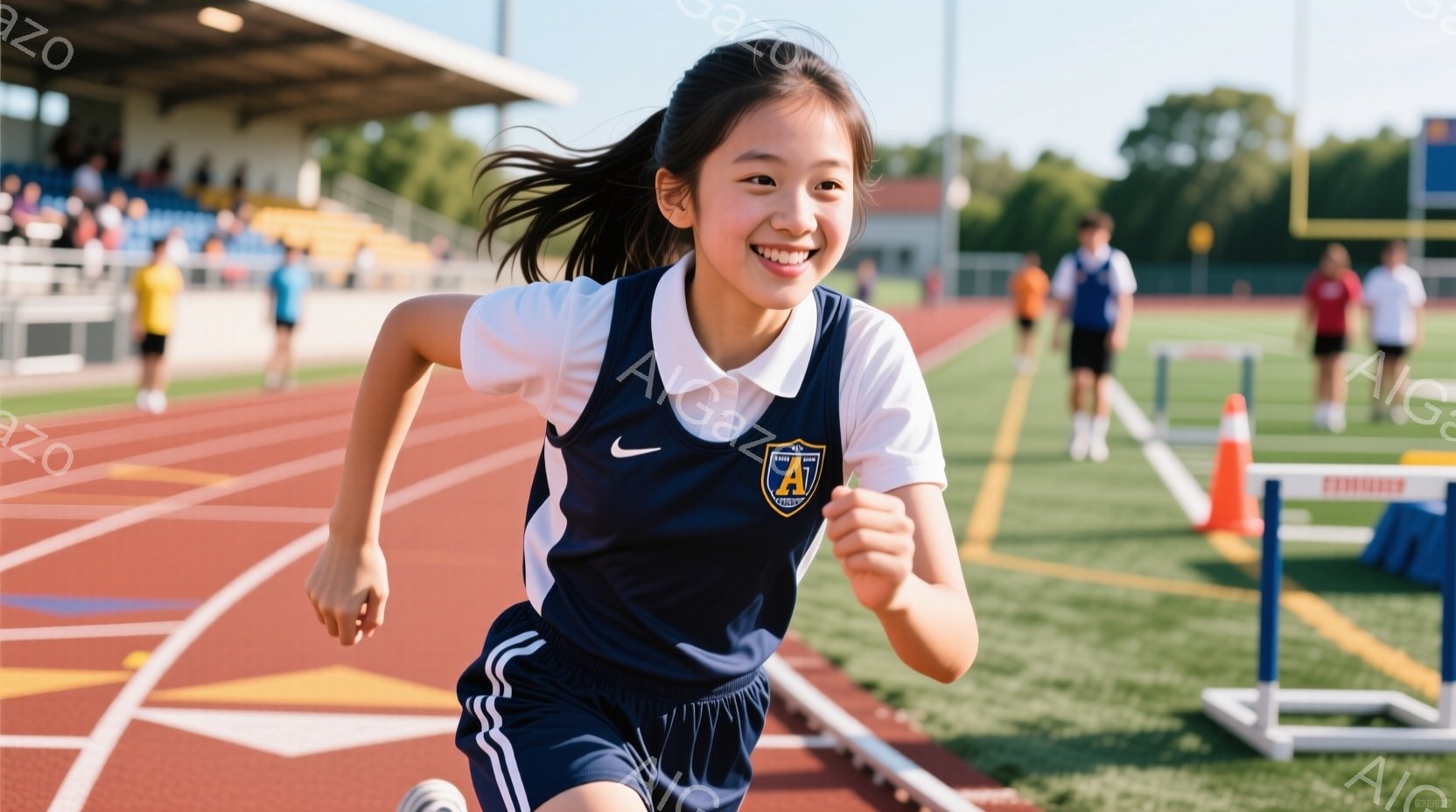 少女は競技場で走り、顔には明るい笑顔が浮かんでいる。紺色のシャツと短パンを着ており、髪はポニーテールに結ばれている。背景には緑の芝生、観客席、そして晴れた青空が広がり、活気に満ちた競技場の雰囲気が伝わ - AI生成フリー素材