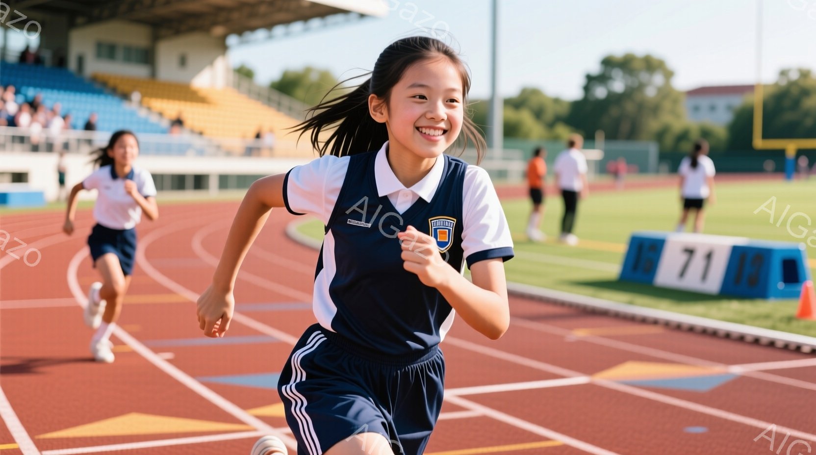 短い髪を後ろでポニーテールにした少女が、トラックを全力で走っている。紺色の襟と白のストライプが特徴のスポーツウェアを身に着け、満面の笑みを浮かべている。背景には観客席と緑の芝生、そして晴れた空が広がり - AI生成フリー素材