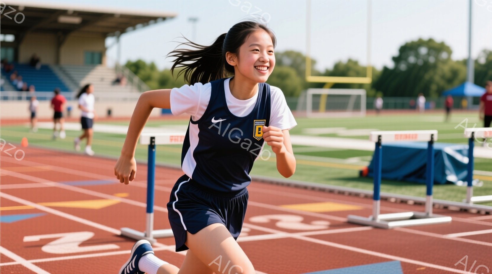 一人の若い女性がトラックを走っている様子が写っている。彼女は濃い青色のタンクトップと短パン、そして運動靴を着用しており、長い黒髪が背中で揺れている。背景には観客席とトラック、そして青空が広がり、晴れた日の競技会のような活気のある雰囲気が感じられる。