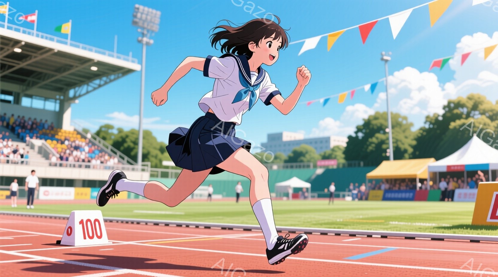 制服姿の少女が、陸上競技場のトラックを力強く走り出している。紺色のスカートと白いブラウス、そして緑のリボンが特徴的で、黒髪をポニーテールにしている。背景には観客席や緑豊かな木々が見え、晴天の下、活気の - AI生成フリー素材