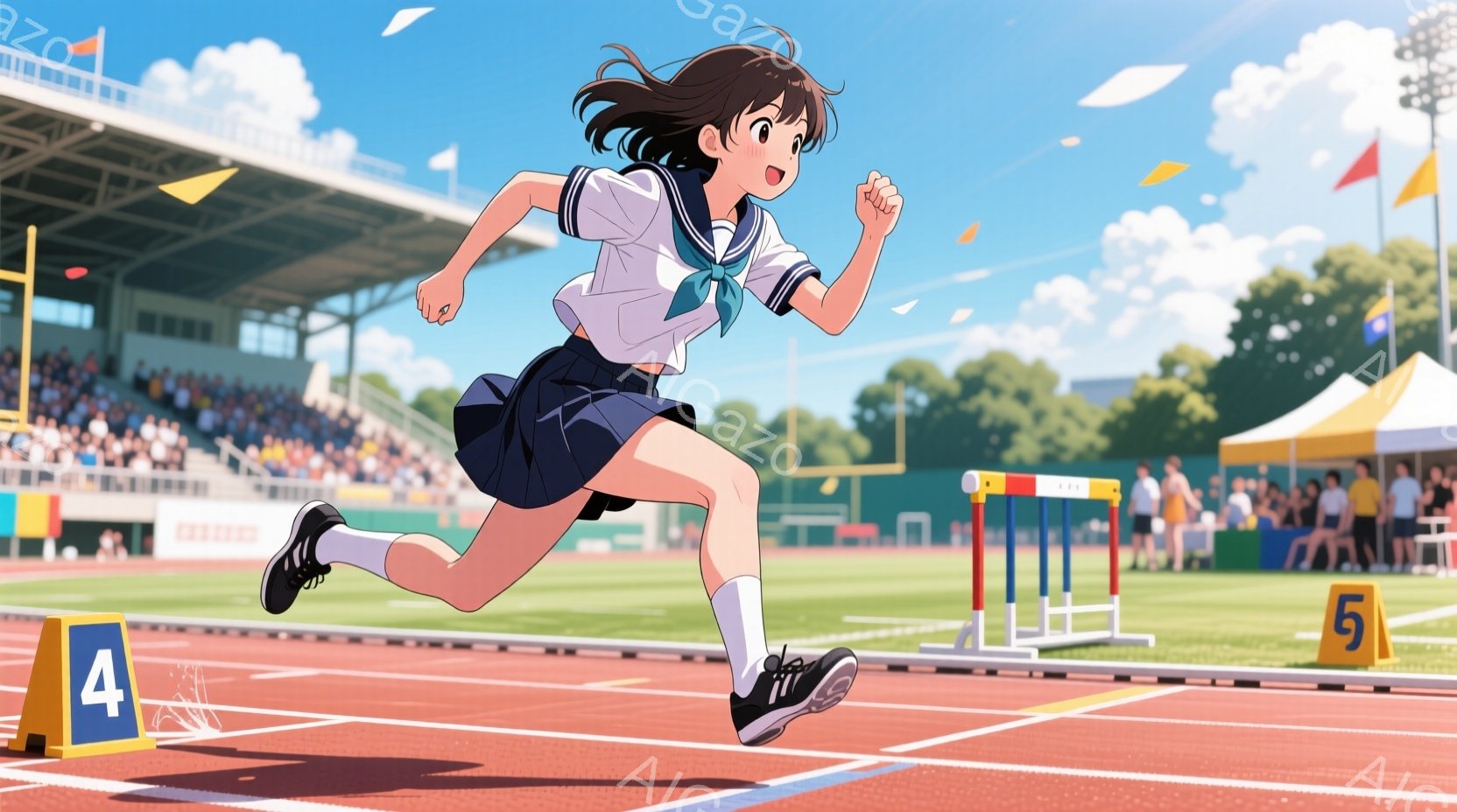 制服姿の少女が、陸上競技場のトラックを走っている様子が描かれています。彼女は、白いシャツに濃い青色のスカート、そして白いソックスと黒いスニーカーを着用し、髪はポニーテールに結ばれています。背景には、観客席やトラック、そして青空と白い雲が広がり、活気に満ちた競技場の雰囲気が伝わってきます。