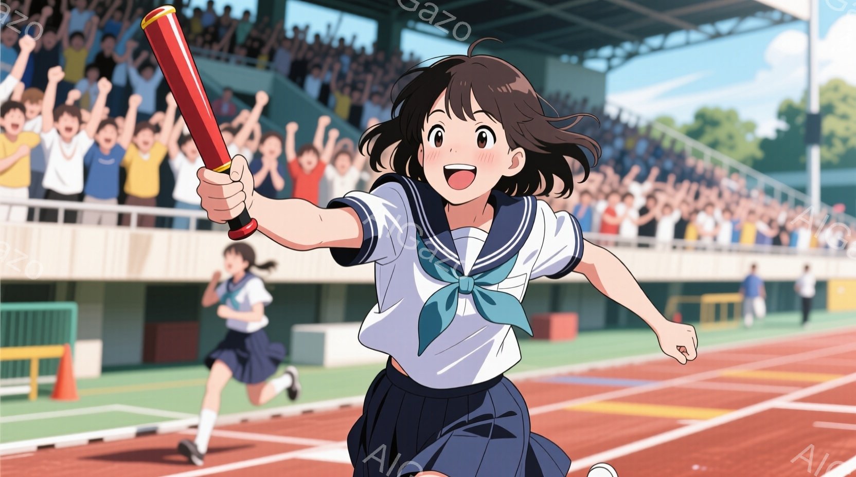 紺色のセーラー服に身を包んだ少女が、陸上競技場でリレーのバトンを高く掲げて走っている。彼女は短い茶色の髪で、頬を赤らめ、満面の笑みを浮かべている。背景には観客席とトラックがあり、晴天の下、活気に満ちた競技場の雰囲気が伝わってくる。