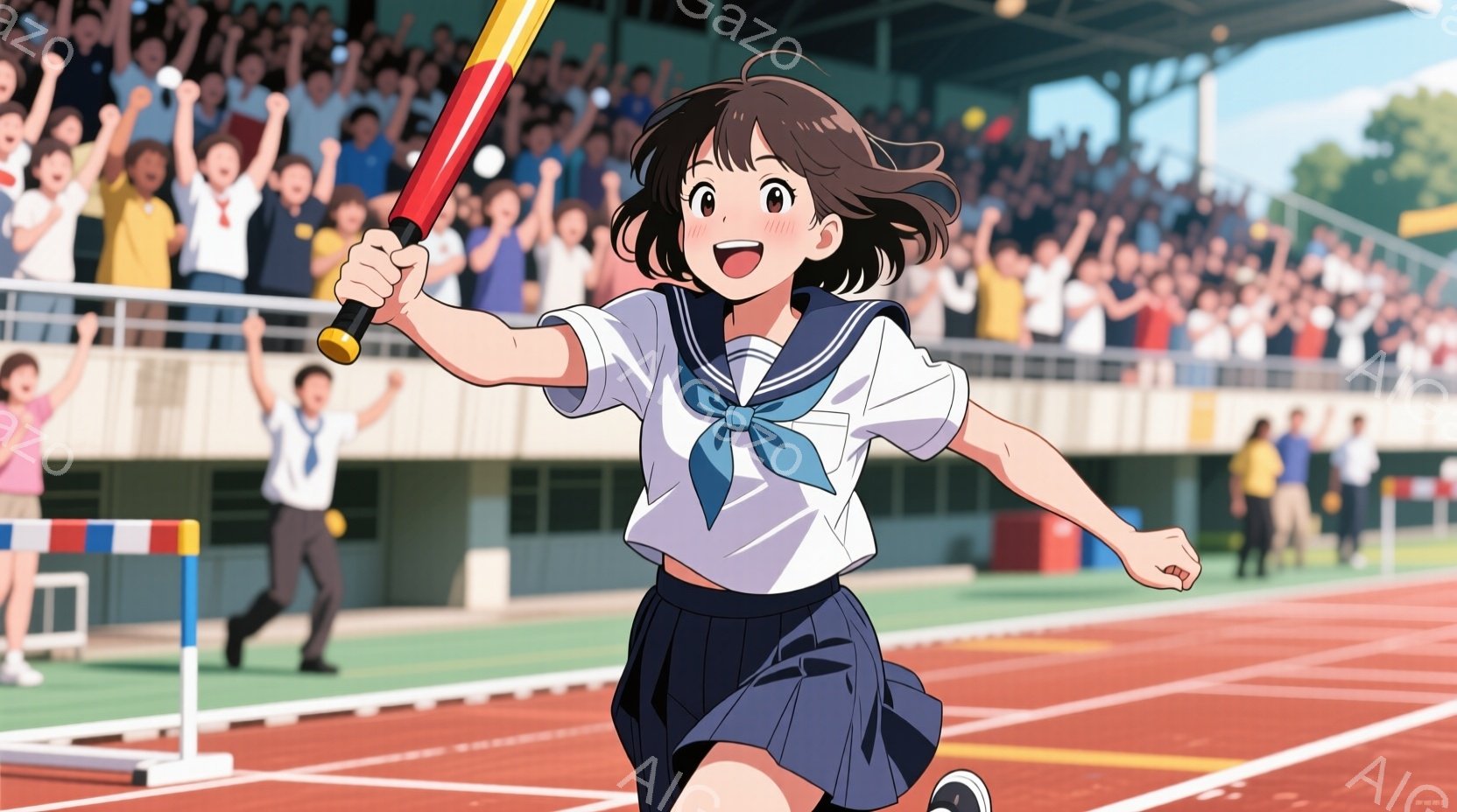 競技場で勝利に向かって走る女子高生を描いています。彼女はセーラー服を着ており、ショートヘアで、満面の笑みを浮かべています。背景には観客席とトラック、そして青空が広がり、躍動感と活気に満ちた雰囲気が漂っ - AI生成フリー素材