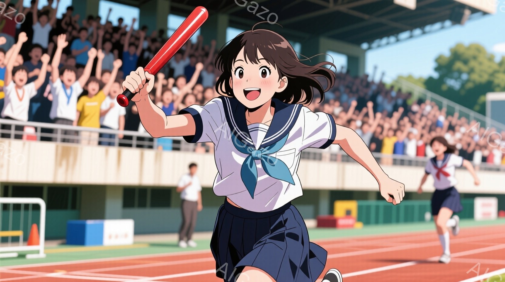 紺色のセーラー服とスカートの制服を着た女子高生が、運動場で走り、片手にバトンを持っている。彼女は笑顔で前を見据え、勝利に向かって疾走している様子が伝わる。背景には観客席と緑豊かな風景が広がり、晴れた日 - AI生成フリー素材