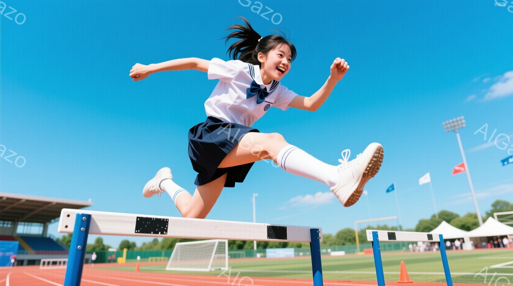 紺色のトラックを、女子高生がハードルを飛び越えています。白いブラウスに紺色のスカート、白い靴下とスニーカーを履き、髪はポニーテールにして、顔には笑顔が輝いています。背景には、緑の芝生、観客席、そして晴 - AI生成フリー素材