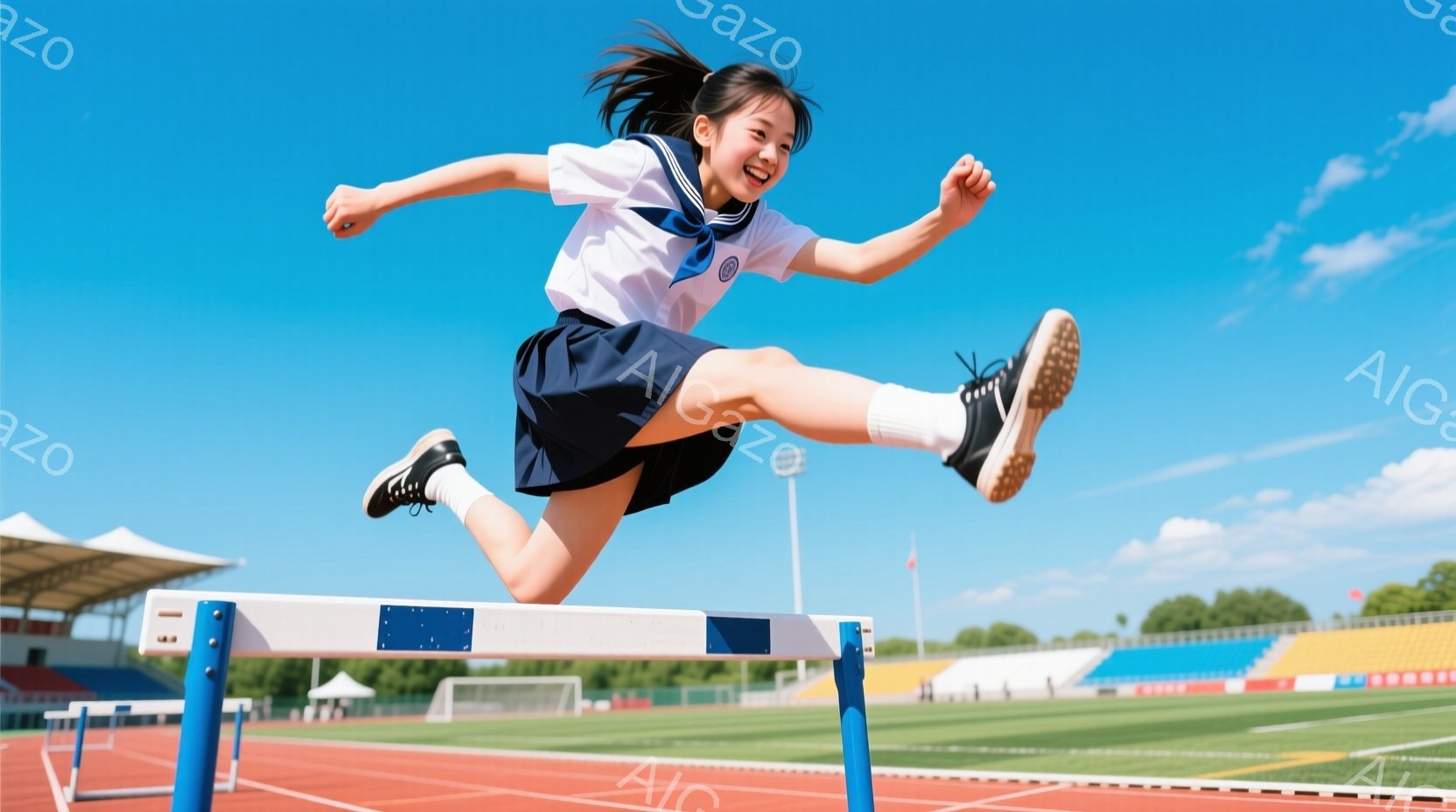 紺色のスカートと白いブラウスを着た女子高生が、競技場のトラックでハードルを飛び越えています。彼女は笑顔で、片足を持ち上げ、ダイナミックな姿勢で空中に飛び上がっています。背景には、観客席と緑豊かな芝生、そして晴天の青空が広がり、爽やかで活気のある雰囲気を醸し出しています。