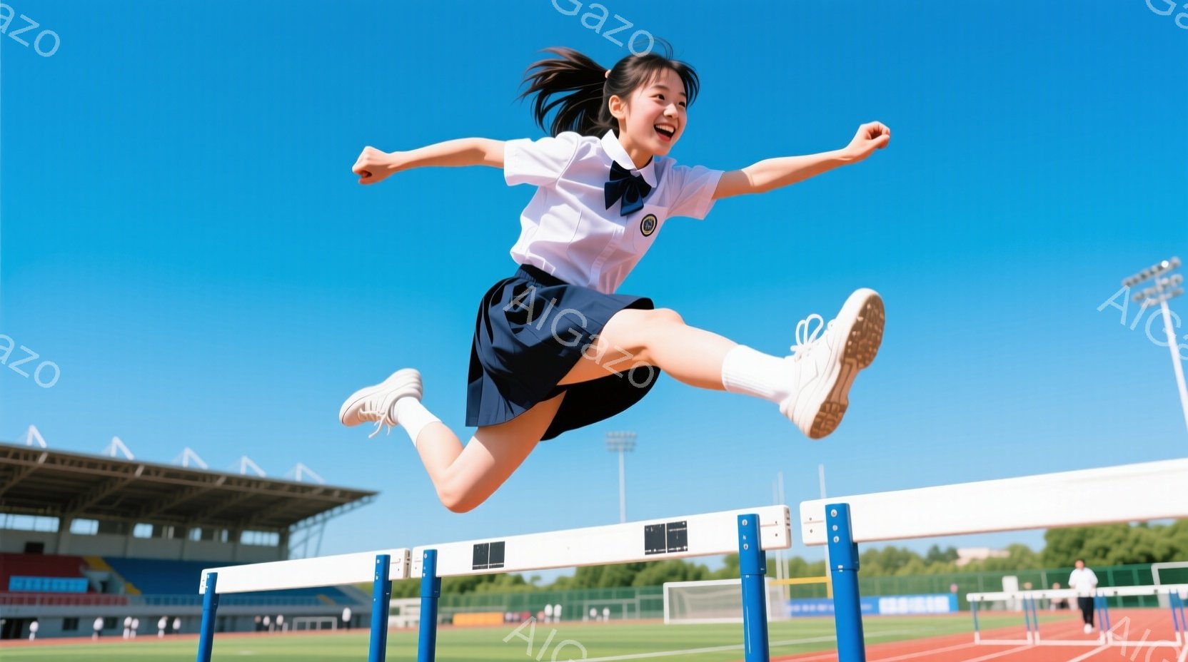 見事な跳躍をする女子高生が写っている。紺色のスカートと白いブラウス姿で、髪はポニーテールに結ばれている。背景には青空の下、トラックと観客席が見え、競技場の一コマを切り取ったような、爽やかで活気のある雰 - AI生成フリー素材
