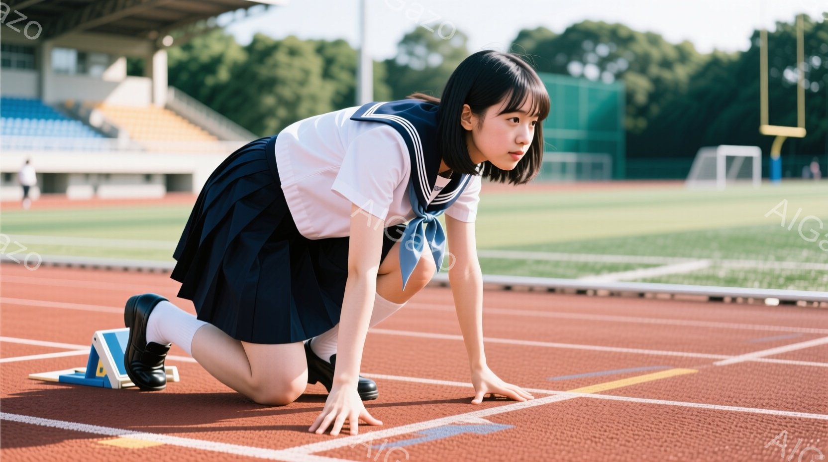 短い黒髪にリボンを付けた女子高生が、陸上競技場のスタートラインにうずくまっている。紺色のスカートと白いブラウスの制服を着ており、スタートの姿勢をとっている。背景には緑の芝生と観客席、そして晴れた空が見え、活気のあるスポーツシーンを思わせる。