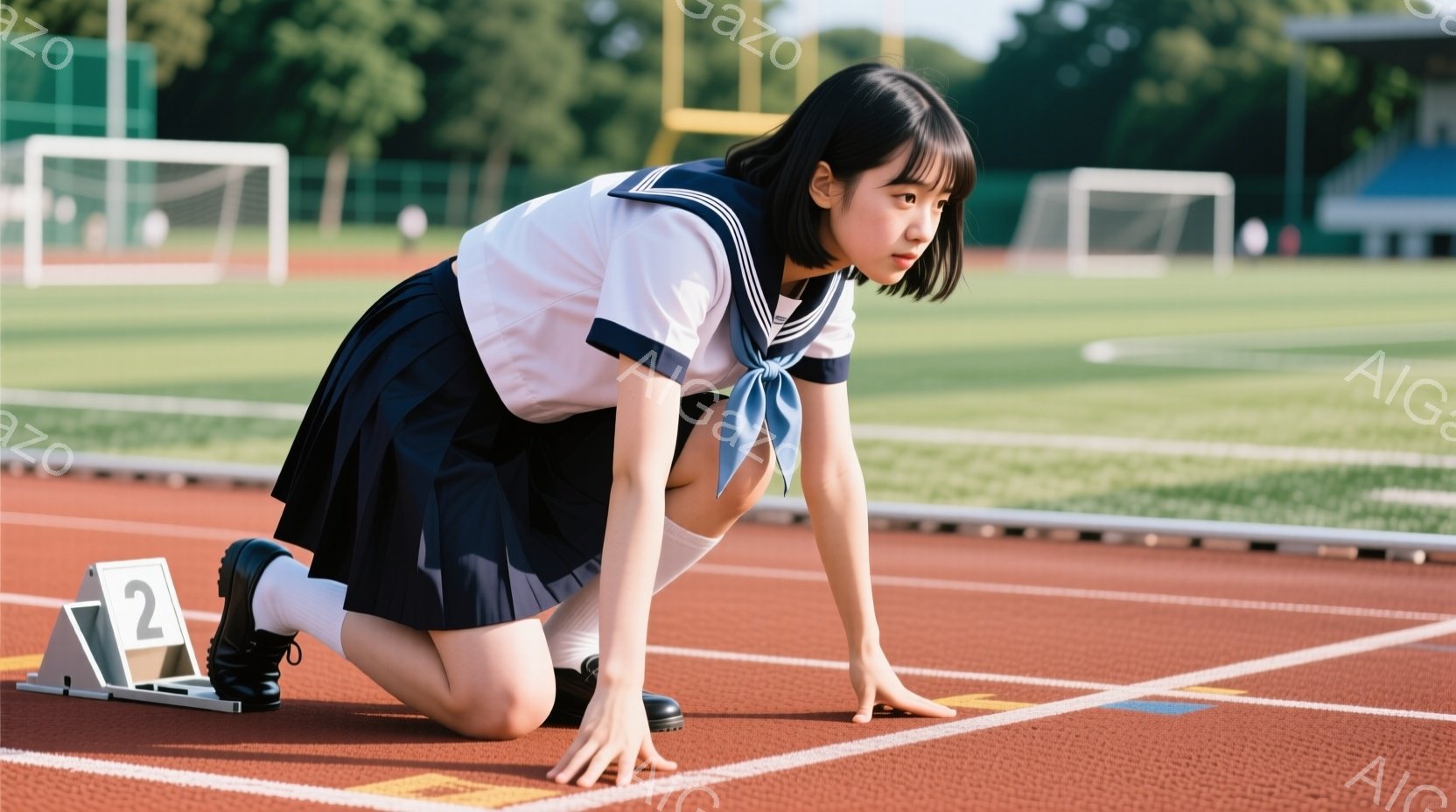 女学生が陸上競技場のレーンにスタート位置で身構えています。彼女は白いブラウスとプリーツスカートの制服を着ており、髪は短く切り揃えられ、前髪が少し垂れています。背景には緑の芝生とサッカーゴールが見え、晴 - AI生成フリー素材