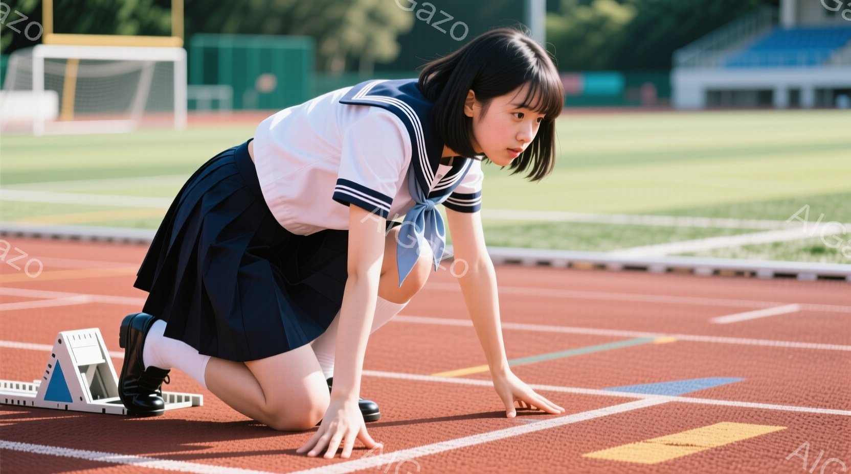 紺色のスカートと白いセーラー服を着た女子高生が、陸上競技場のスタートラインにうずくまっている様子が写っています。彼女は膝をつき、片手を地面につけ、集中した表情でスタートの合図を待っているようです。背景には緑の芝生と観客席が見え、晴れた日の競技場という明るく活気のある雰囲気が伝わってきます。