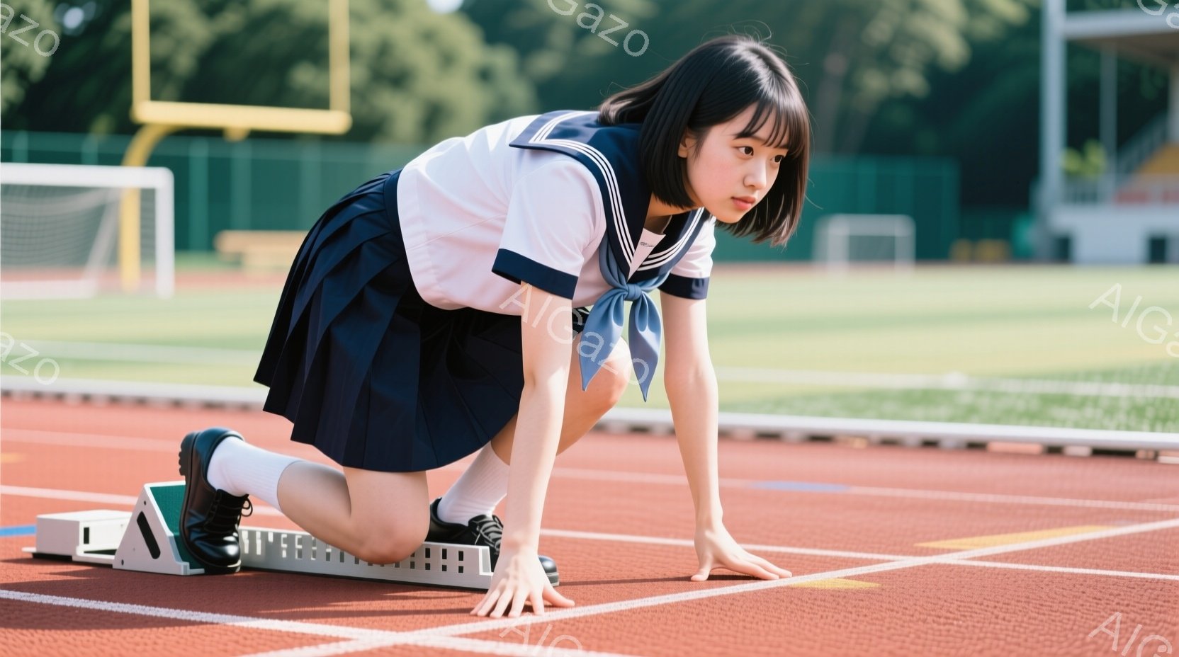 明るい屋外トラックに、紺色のスカートと白いセーラーシャツを着た女子高生が、スタートラインにうずくまっている。彼女は膝をつき、両手を地面につけ、集中した表情で前を見つめている。背景には緑の芝生と、遠くに見える建物があり、晴れた日の活気あるスポーツの雰囲気が漂っている。
