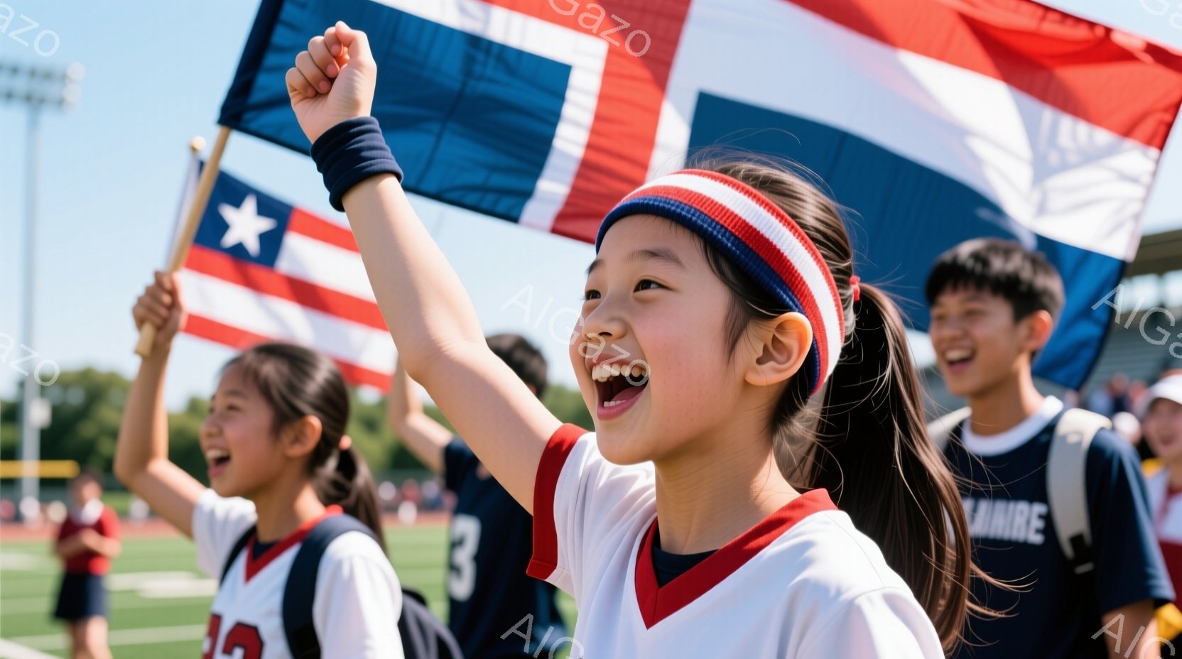 若い女の子が嬉しそうに腕を高く上げています。彼女は白いシャツに赤いラインが入ったスポーツウェアを着用し、赤いヘッドバンドをしています。背景には、緑の芝生、他の選手、そして晴れた空と木々が見え、活気のあるスポーツイベントの雰囲気が伝わってきます。