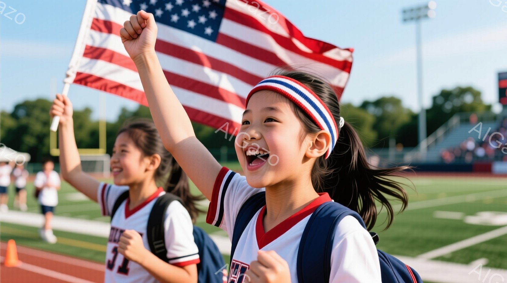 二人の若い女性が、運動場のトラックに立って、アメリカ国旗を高く掲げています。彼女たちは紺と白のストライプが入ったユニフォームを着ており、髪はポニーテールに結ばれ、頭には赤いヘッドバンドをつけています。背景には芝生、観客席、そして晴れた空が見え、全体的に明るくエネルギッシュな雰囲気が漂っています。