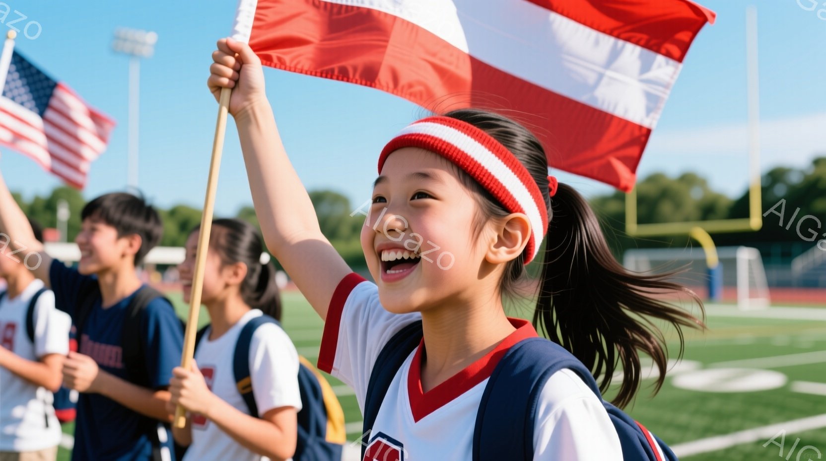 少女はアメリカ国旗を高く掲げ、満面の笑みを浮かべている。彼女は紺色のトリムが入った白いスポーツウェアと、同じ色のヘッドバンドを着用し、ポニーテールで髪を結んでいる。背景には緑の芝生、サッカーゴール、そして遠くに見える建物があり、晴天の下、活気に満ちた雰囲気が漂っている。