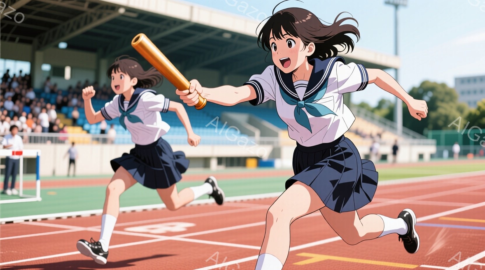 紺色の制服を着た二人の女子高生が陸上競技場でリレーの走りをしている。彼女たちは膝丈のプリーツスカートと白いソックス、黒いランニングシューズを履き、片手にバトンを持って全力で走っている。背景には観客席と緑豊かな風景が見え、晴れた空の下で活気あふれる競技場の雰囲気が伝わってくる。
