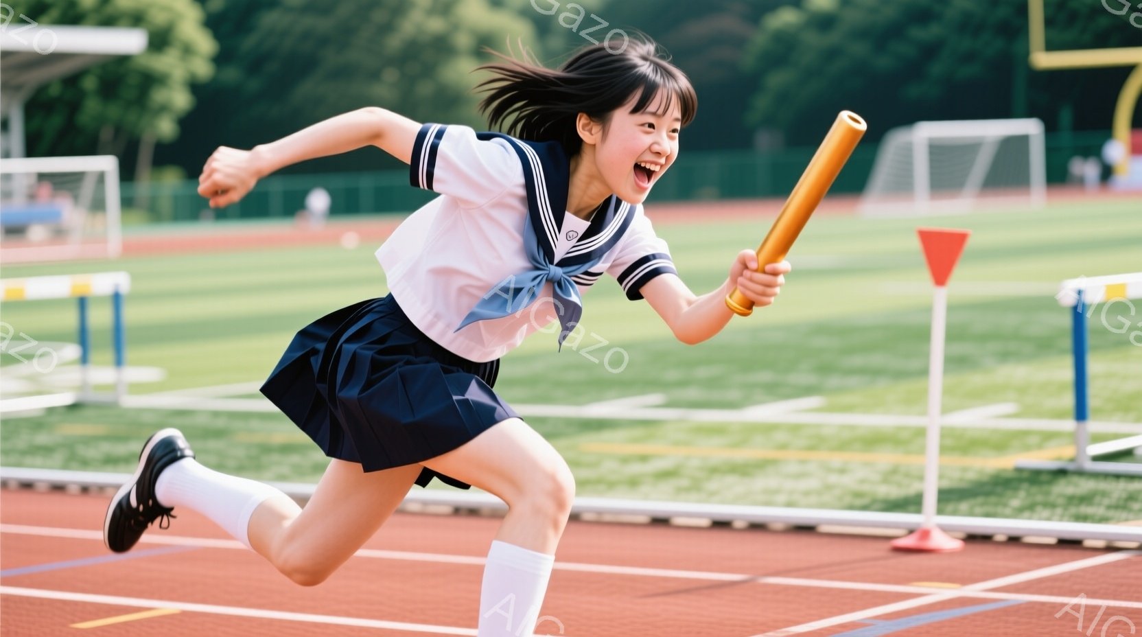 青いトラックを走る女子高生が写っている。紺色のセーラー服と白いソックス、黒いランニングシューズを着用し、顔には笑顔が溢れている。背景には、赤いコーンとハードル、そして遠くに見える建物と緑が確認でき、晴れた日の活気ある競技風景が伝わってくる。
