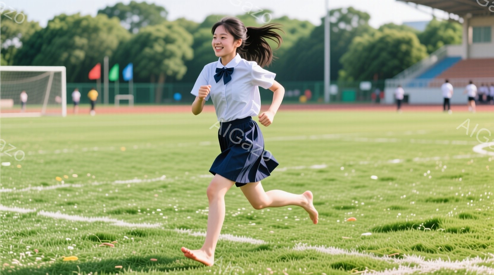 制服姿の女子学生が、緑色の芝生の上を裸足で走っている。紺色のスカートと白いブラウス、赤いリボンが印象的で、彼女は明るい笑顔を浮かべている。背景には、サッカーゴールや観客席、そして緑豊かな木々が見え、晴れた日の爽やかな雰囲気が漂う。